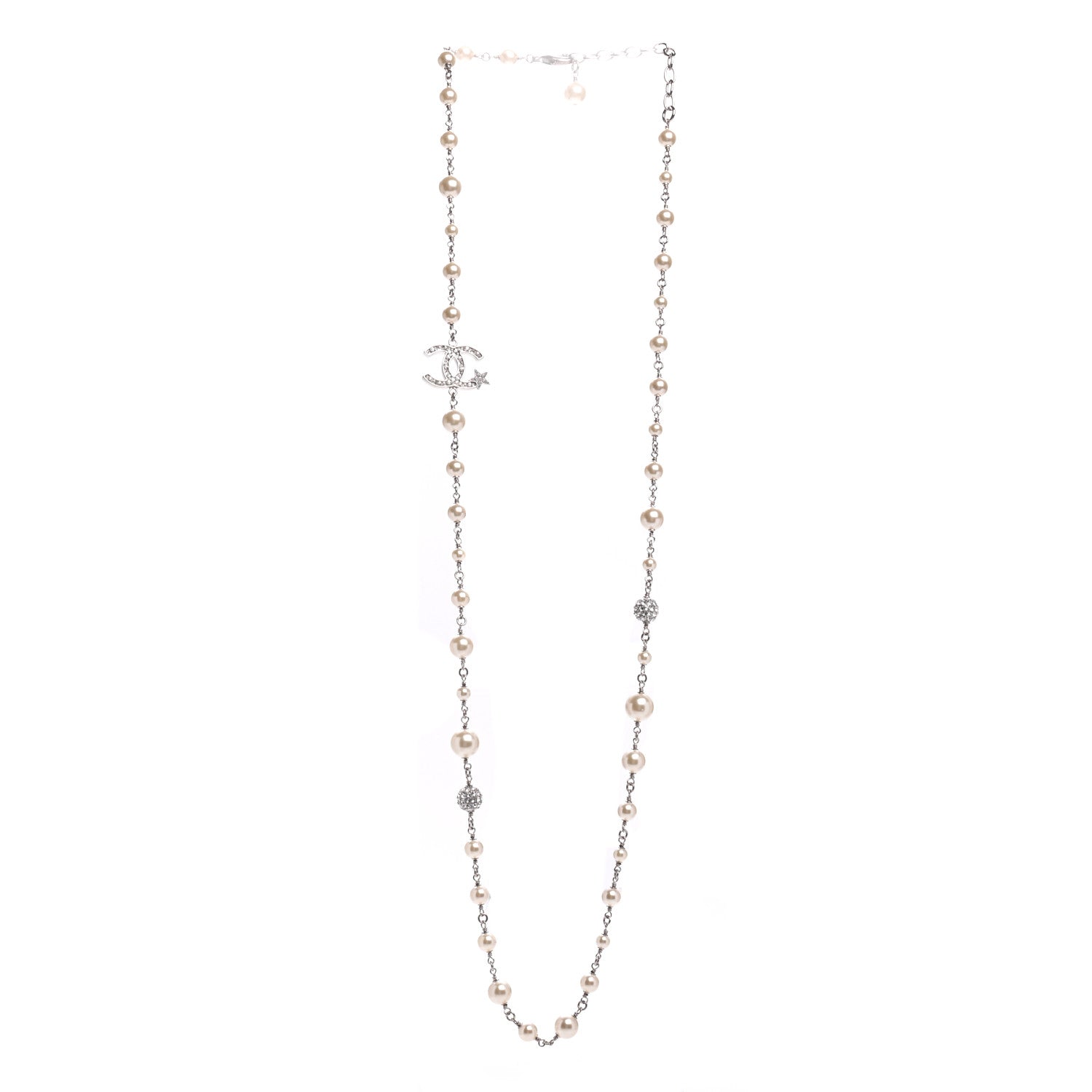 Chanel Pearl Crystal CC Starfall Necklace Silver 3 of 5