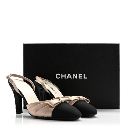 Chanel Satin Grosgrain Slingback Pumps 38.5 Beige Black 9 of 9