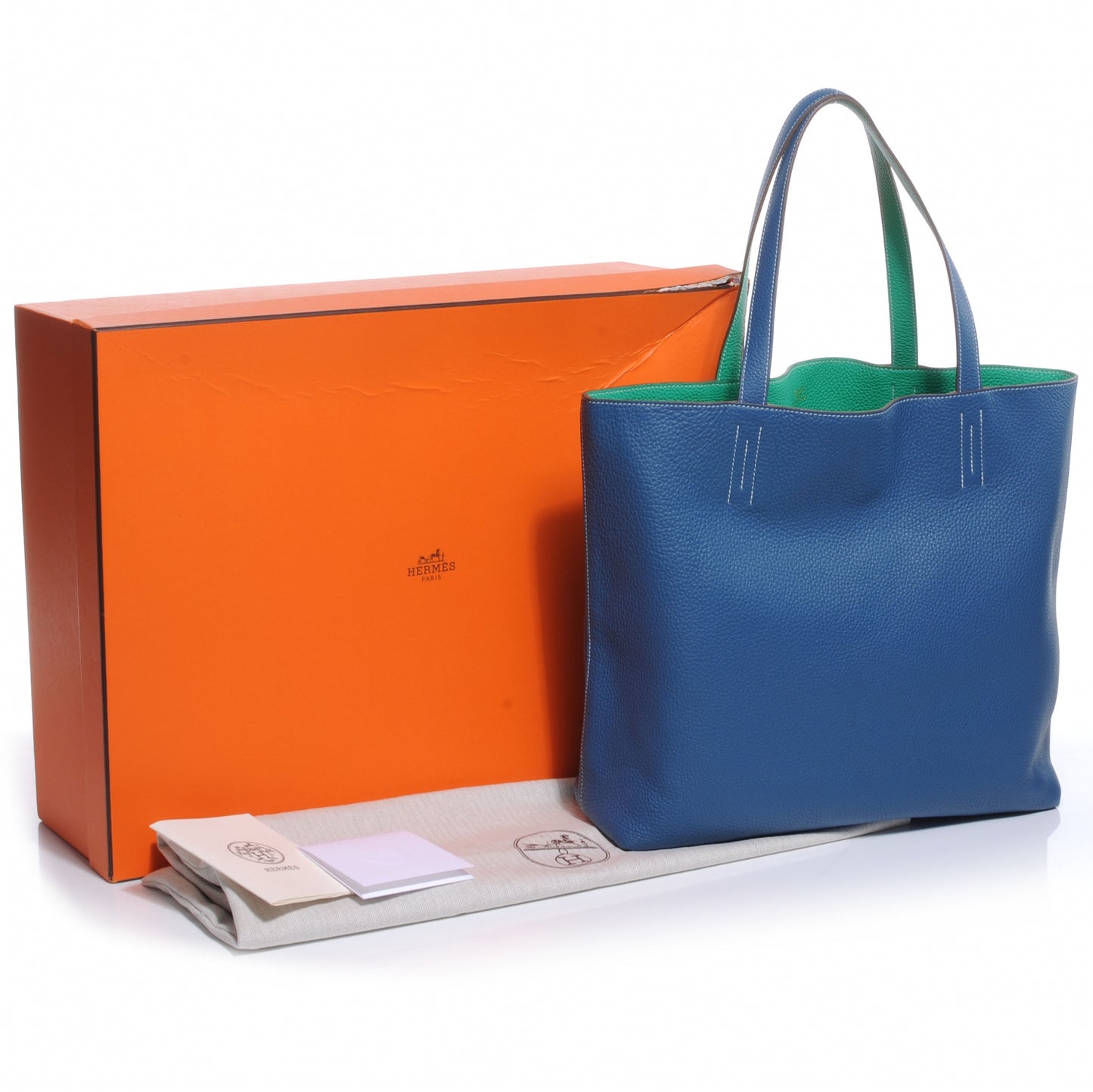 Taurillon Clemence Double Sens 45 Reversible Tote Menthe and Bleu Thalassa