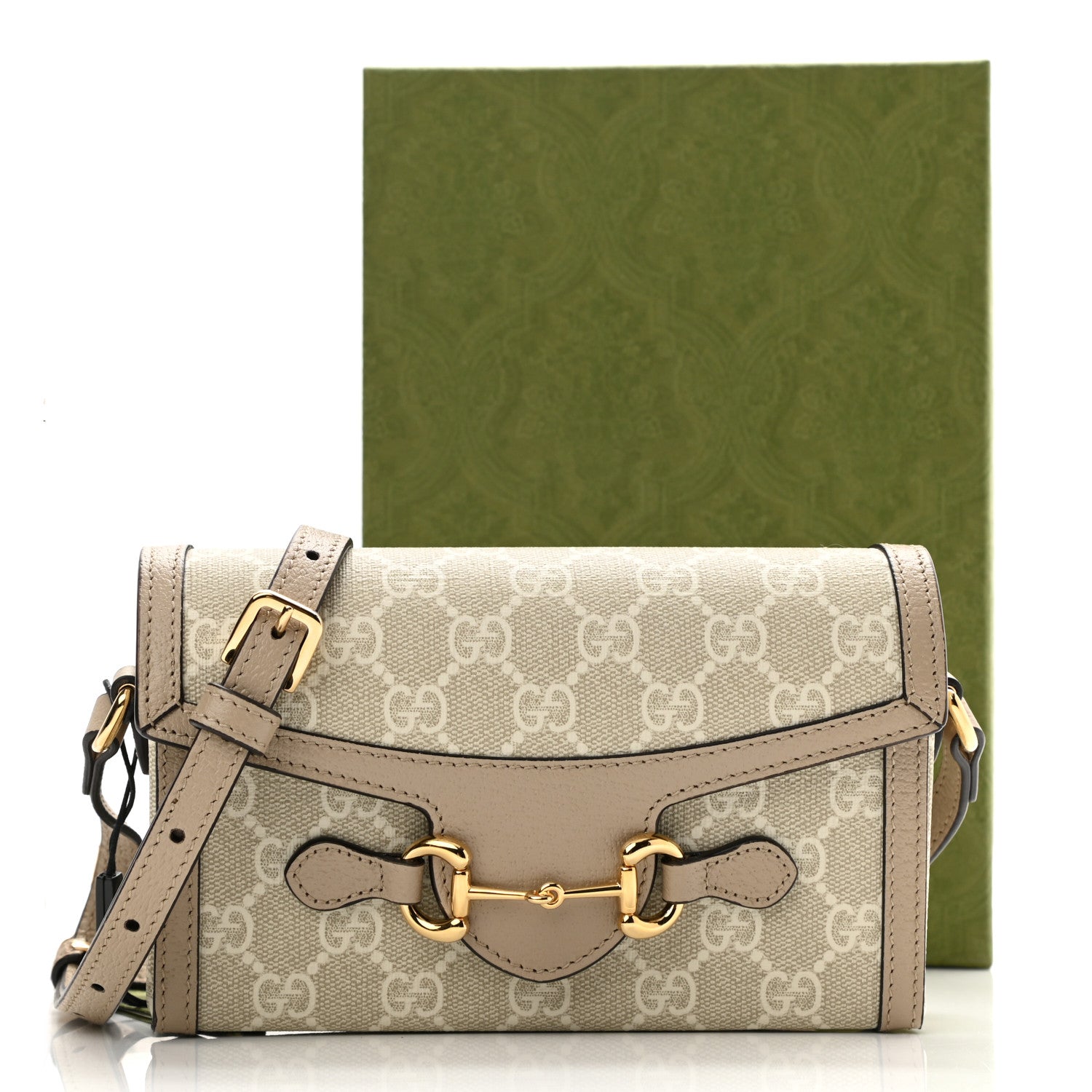 Gucci GG Supreme Monogram Textured Dollar Calfskin Mini Horsebit 1955 Shoulder Bag Beige Mystic White Oatmeal 9 of 9