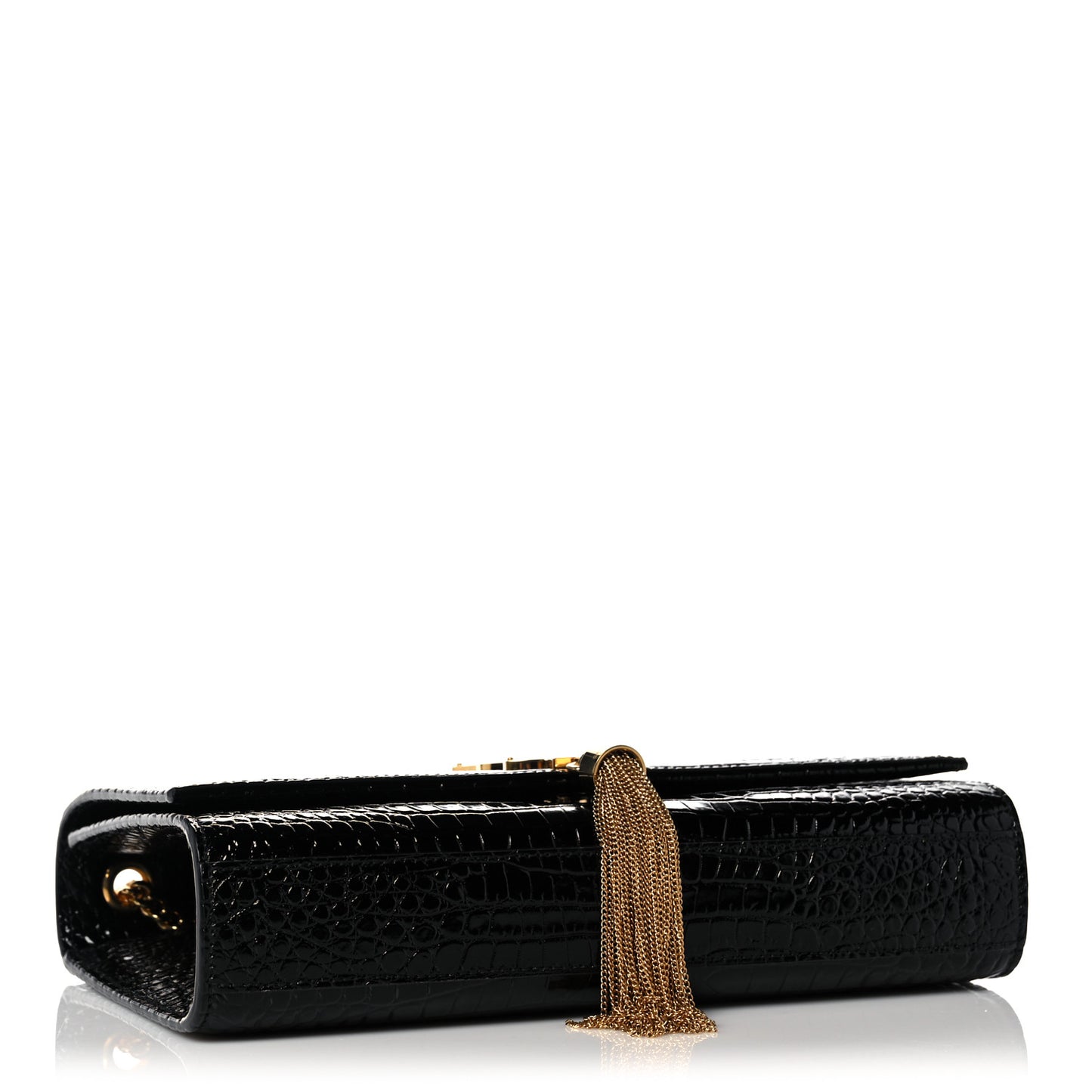 Calfskin Crocodile Embossed Medium Classic Monogram Kate Tassel Satchel Black