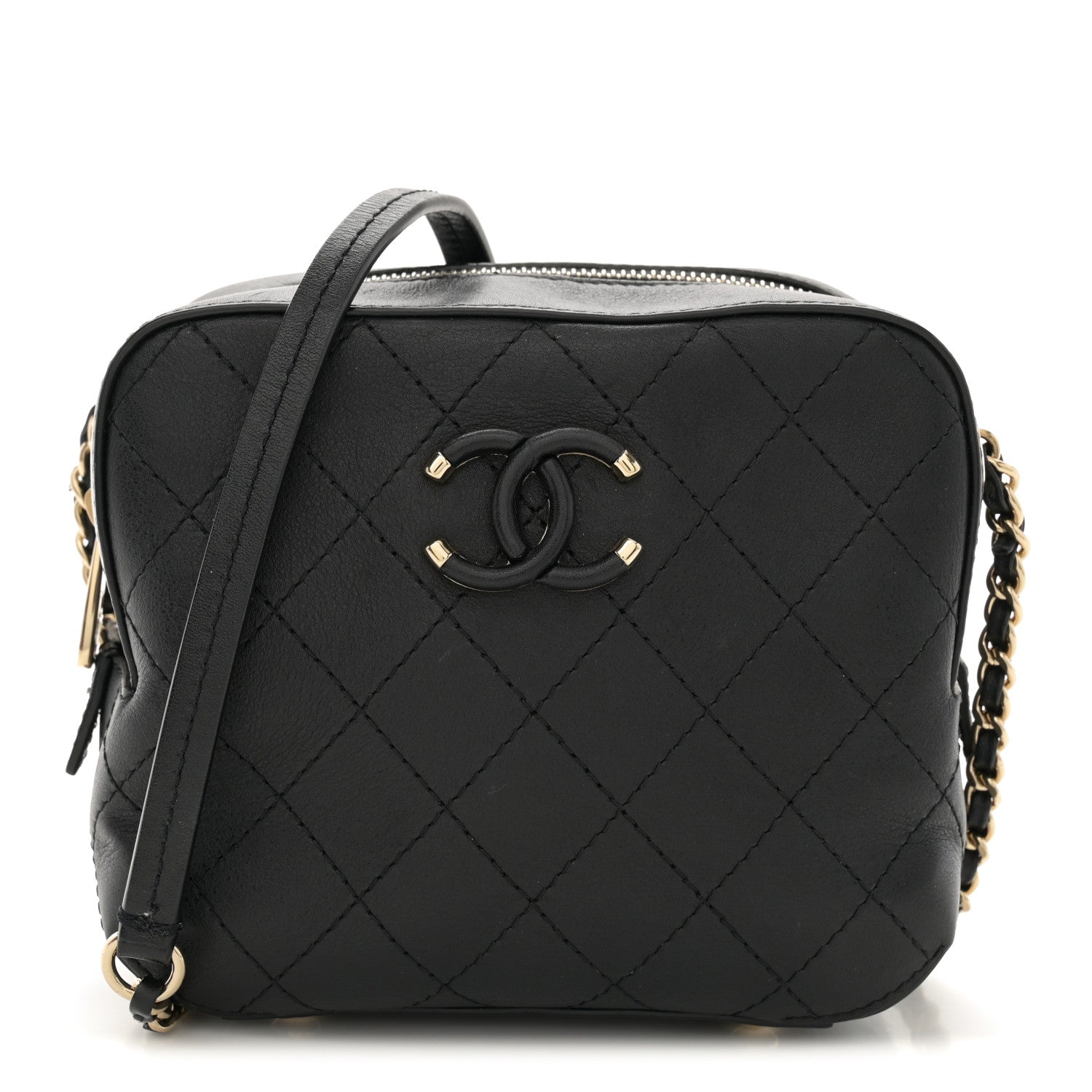 Chanel Calfskin Stitched Covered CC Camera Case Bag Black 1 of 12