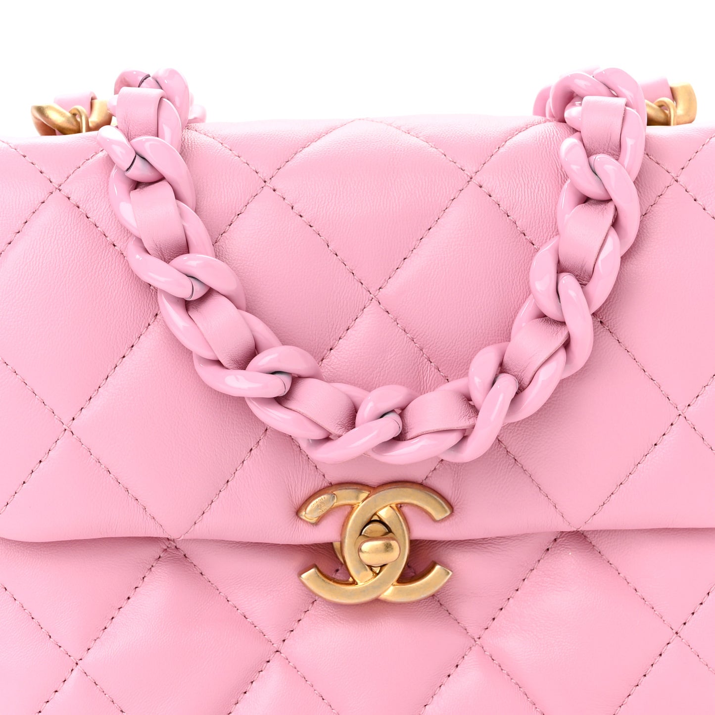 Lambskin Quilted Mini Lacquered Chain Flap Pink