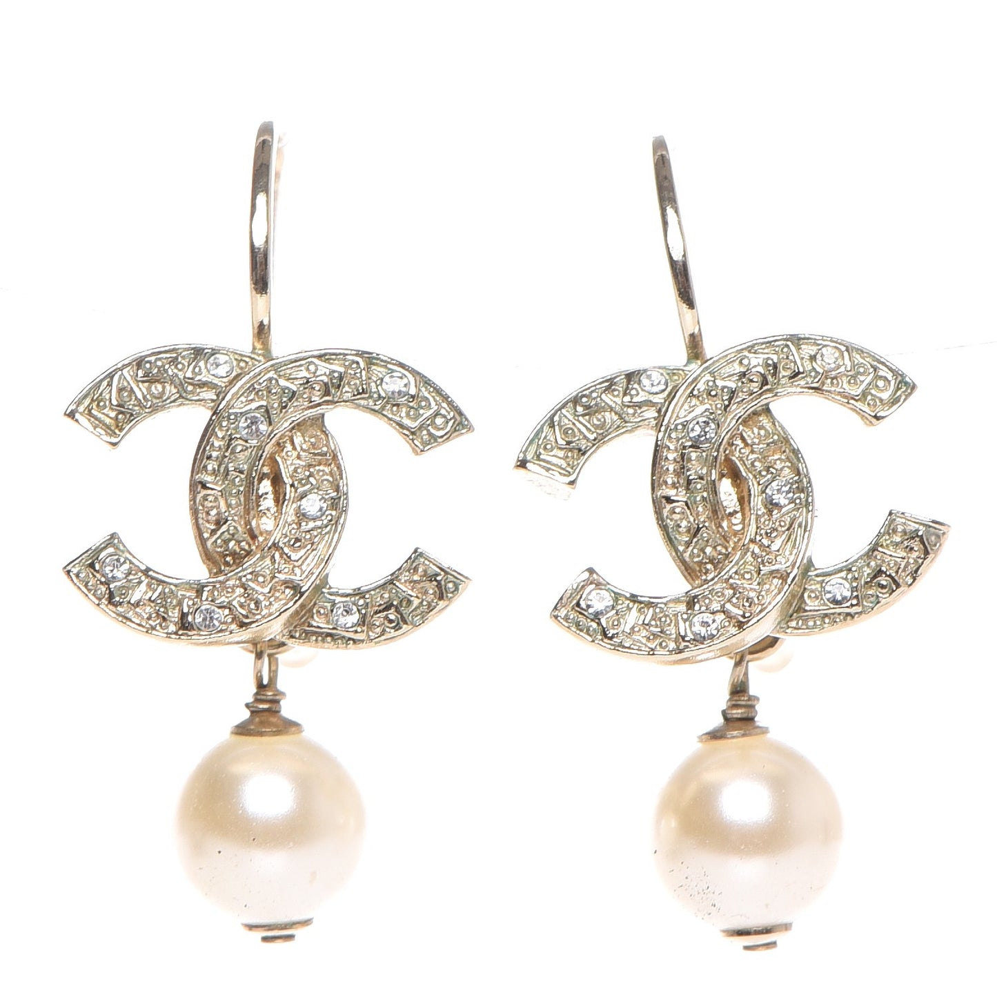 Crystal Pearl CC Drop Earrings Light Gold
