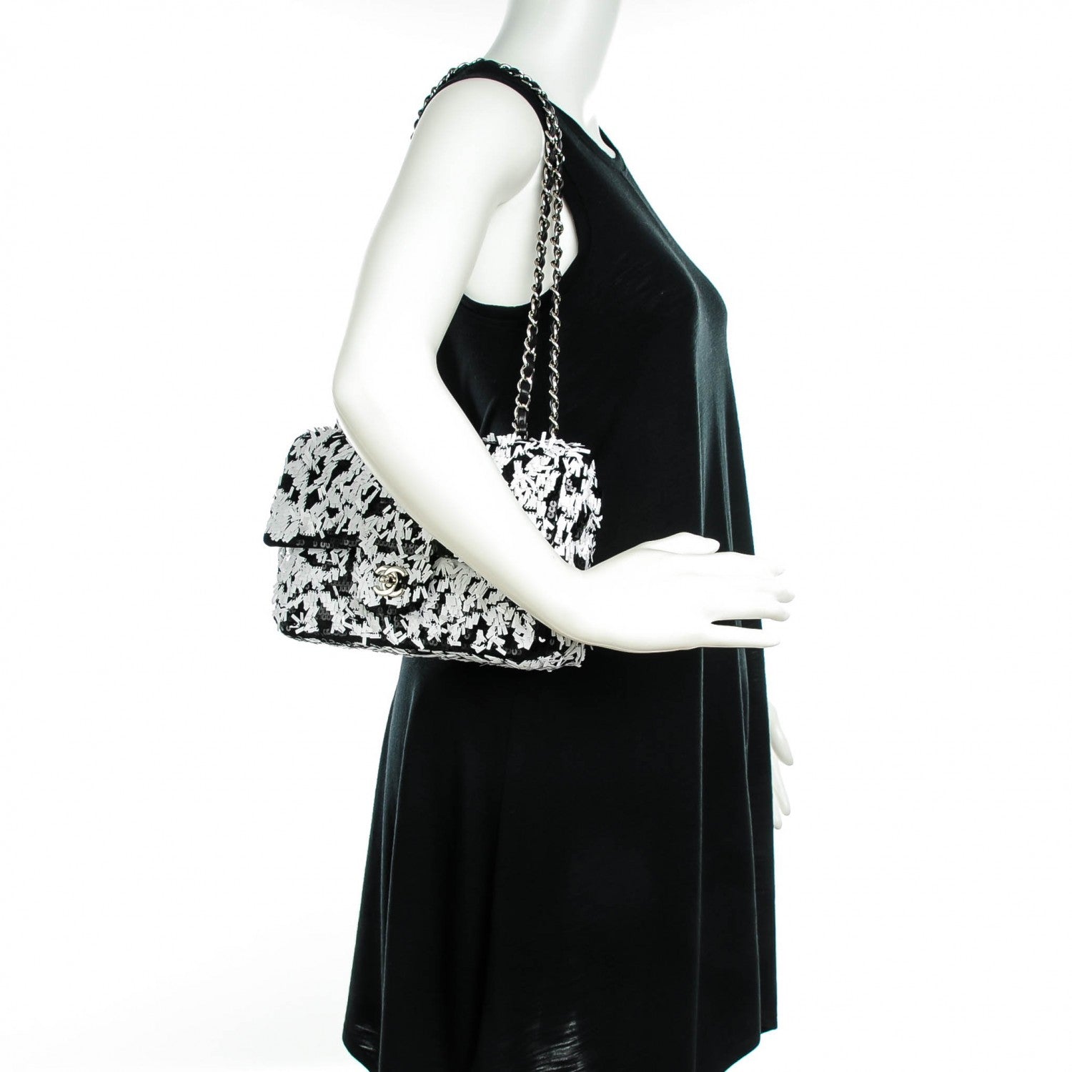 Chanel Sequin Embroidered Medium Flap Black White 2 of 8