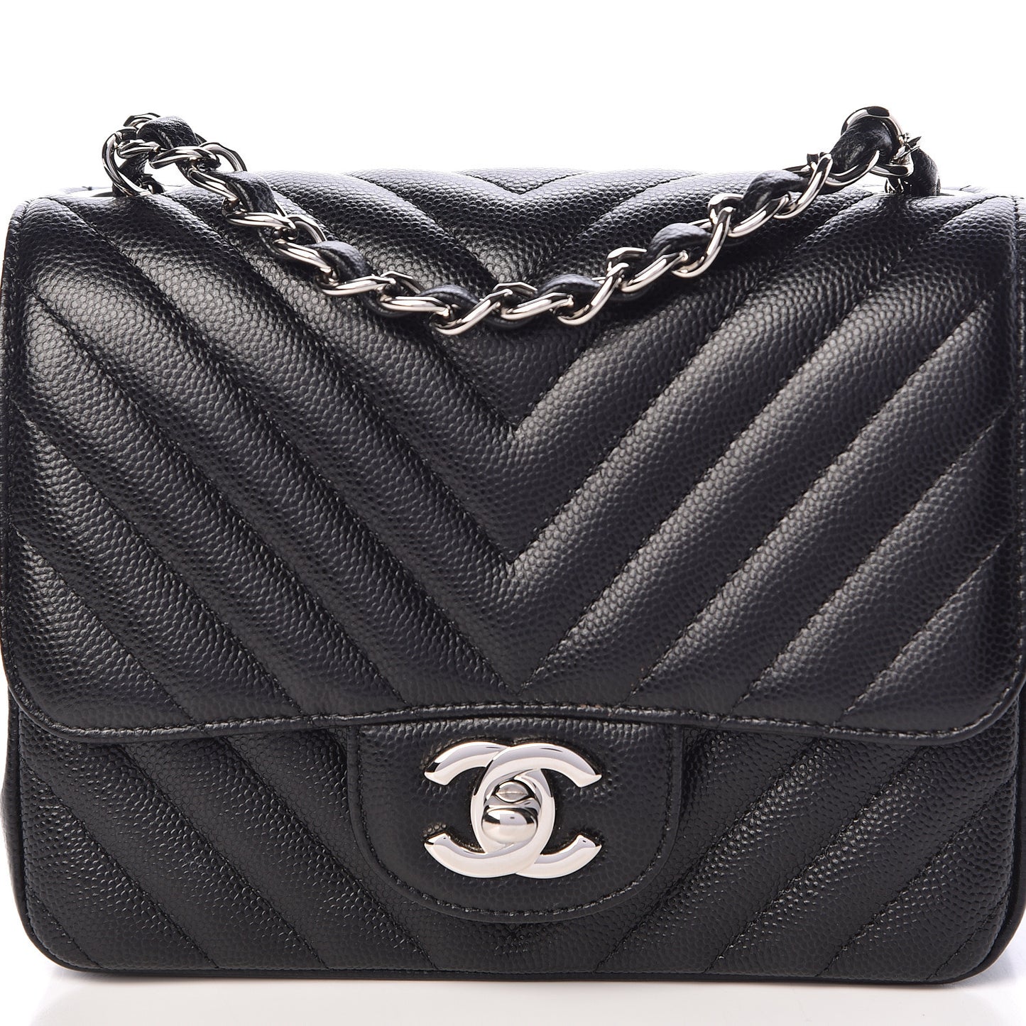 Caviar Chevron Quilted Mini Square Flap Black