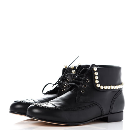 Chanel Lambskin Patent Calfskin Pearl Lace Up Boots 38 Black 3 of 9