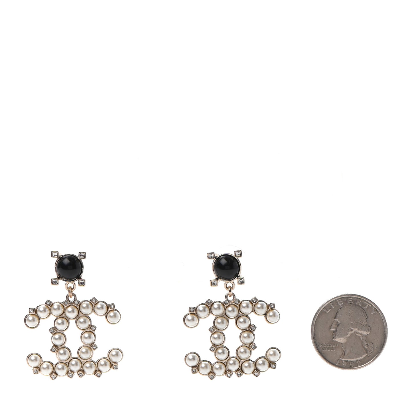 Resin Crystal Pearl CC Drop Earrings Black Gold