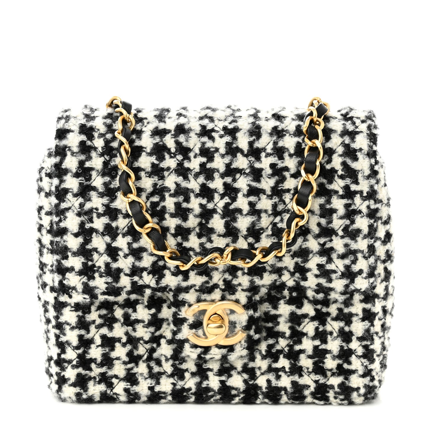 Tweed Houndstooth Mini Square Flap Black White