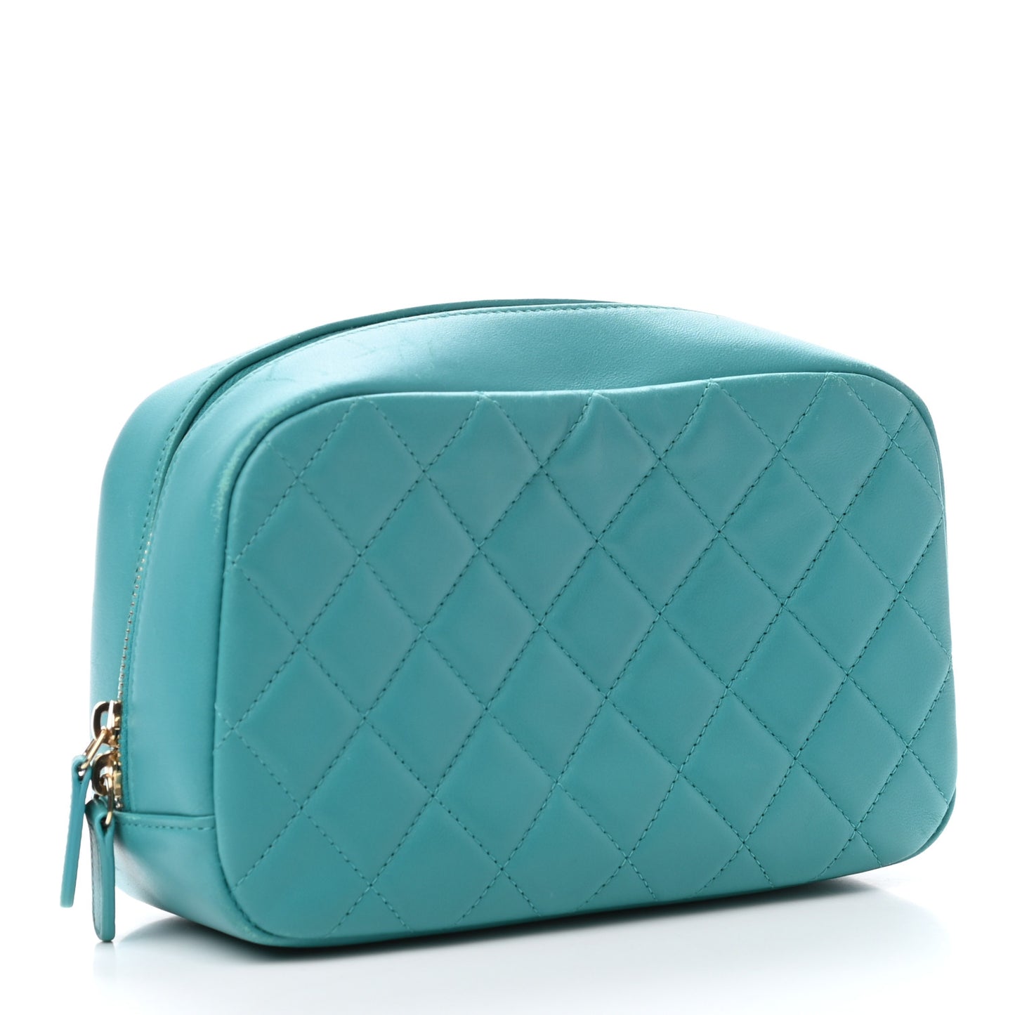 Lambskin Quilted Medium Curvy Pouch Cosmetic Case Turquoise