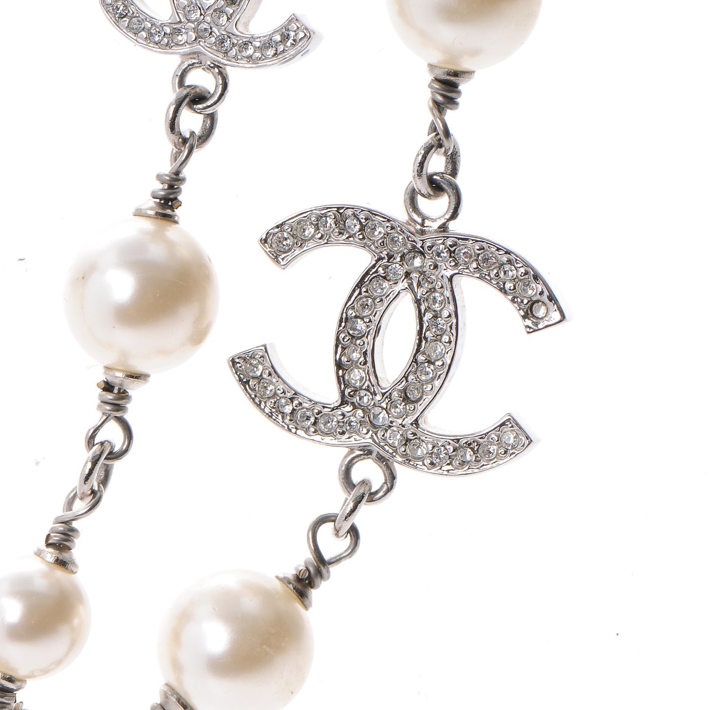 Crystal Pearl CC Long Necklace Silver