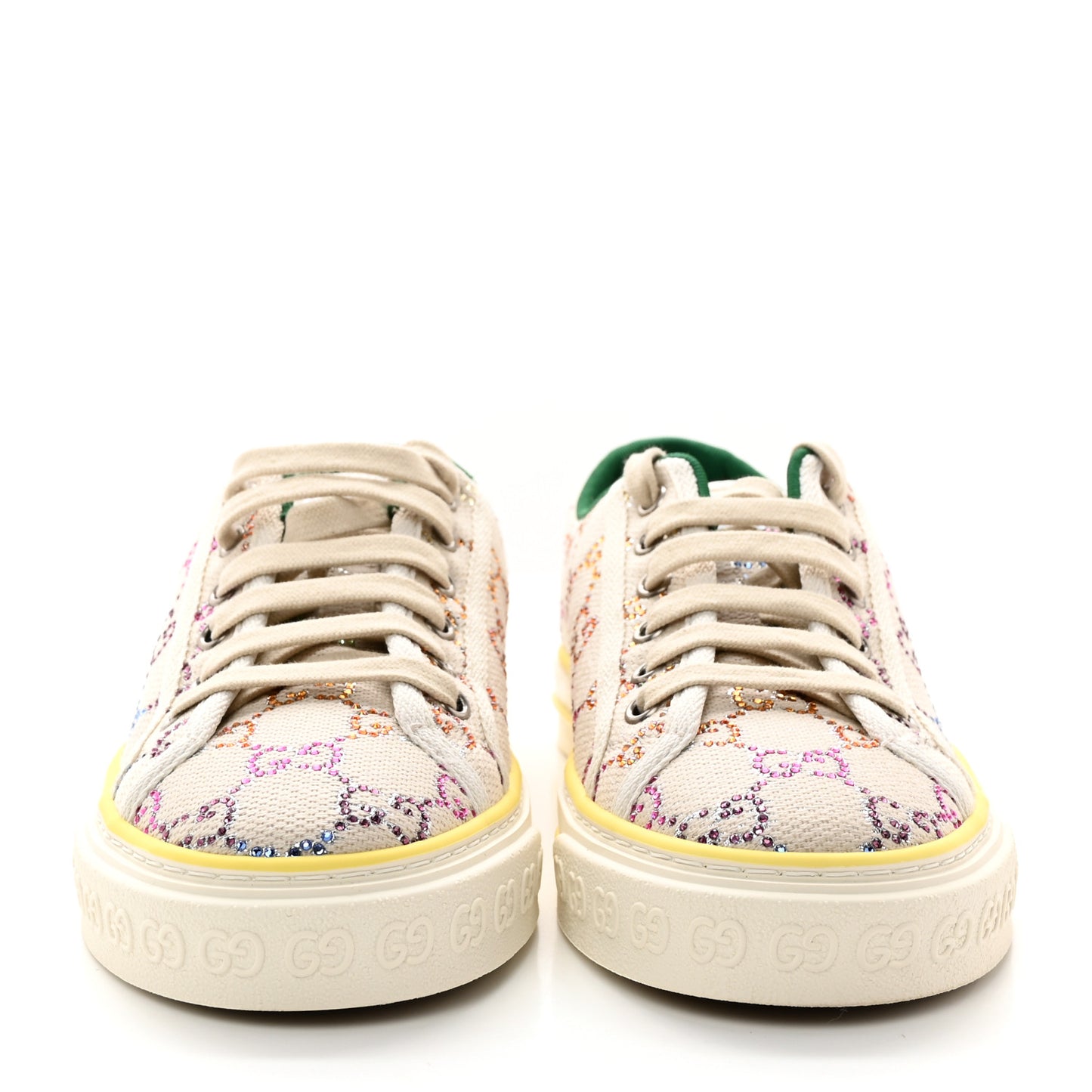 Canvas Lame Crystal GG Monogram Womens 1977 Tennis Sneakers 39.5 Gardenia Silver Mystic White