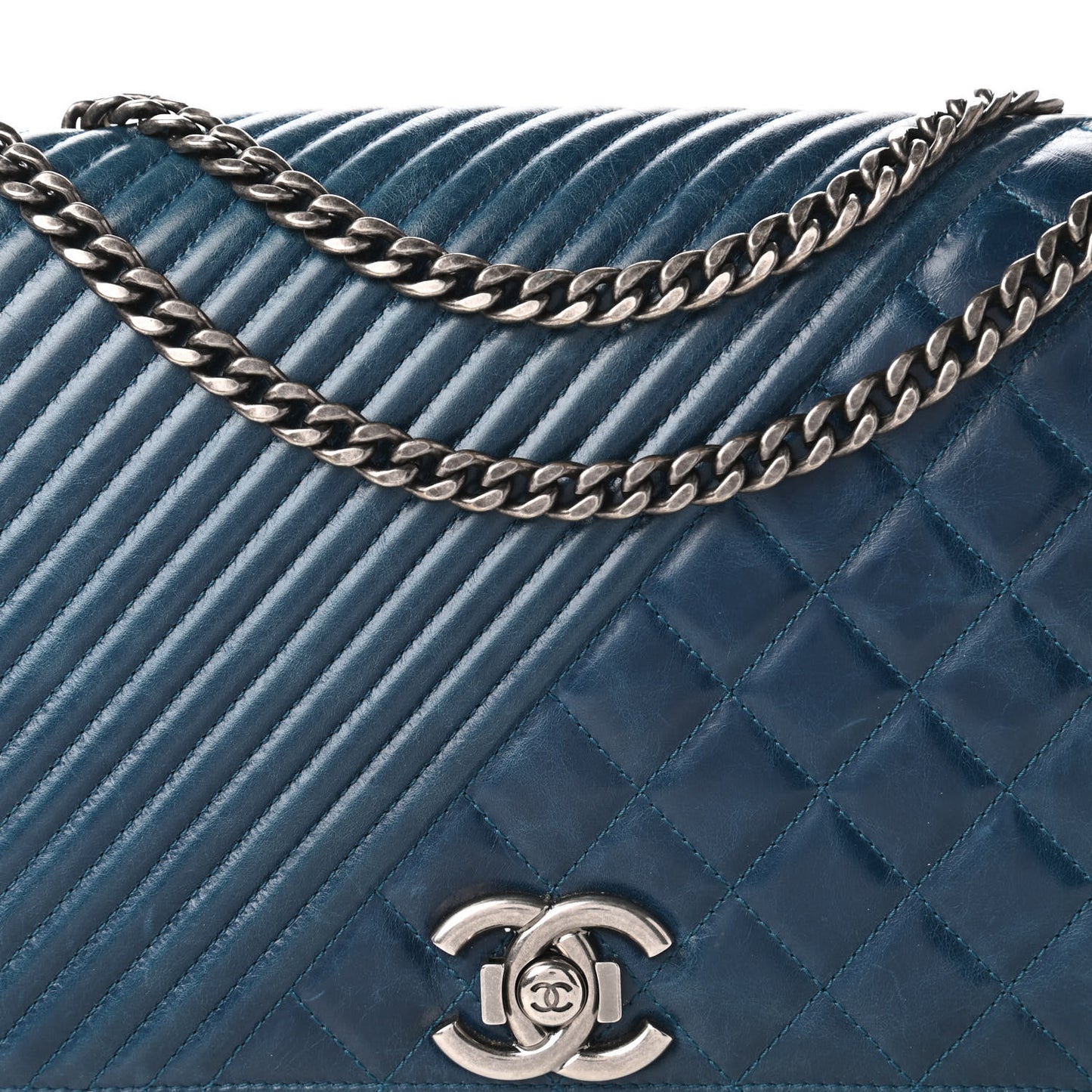 Glazed Calfskin Quilted Large Coco Boy Flap Blue