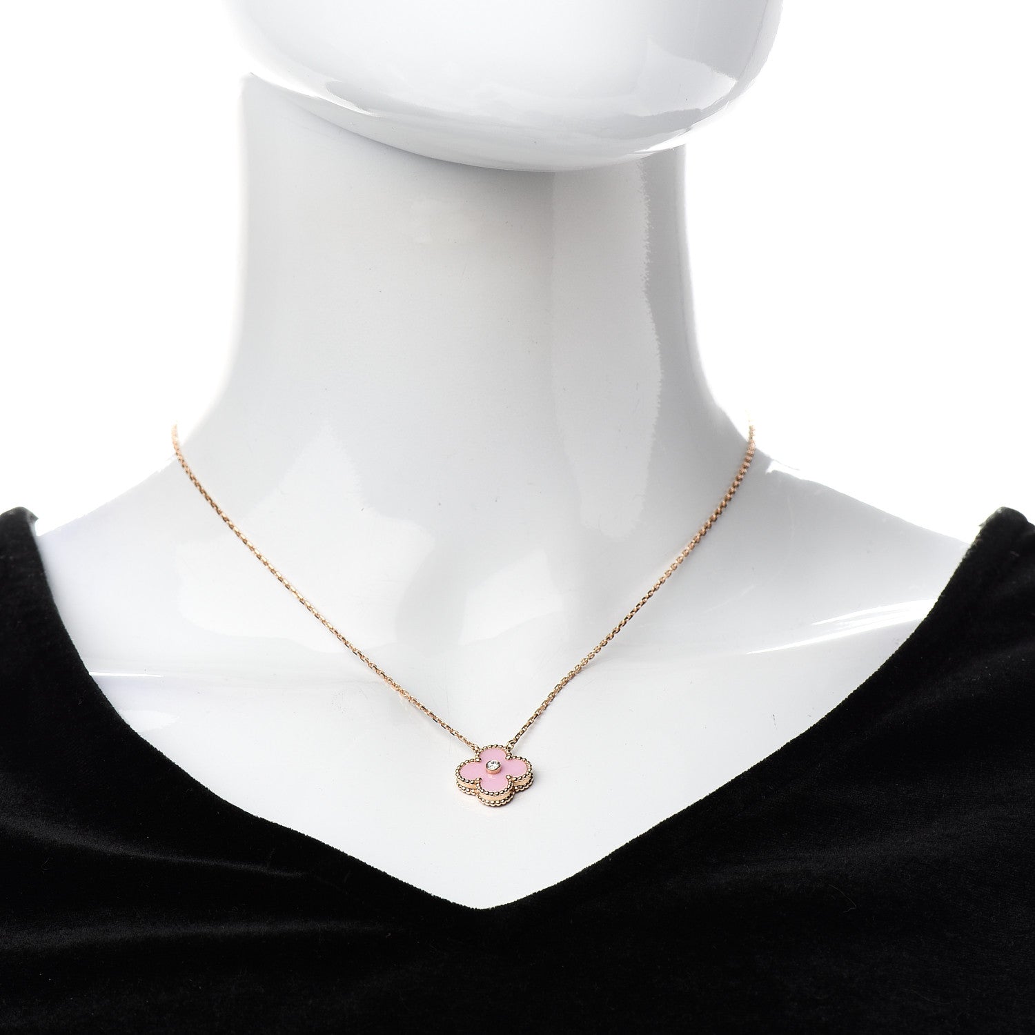 Van Cleef & Arpels 18K Rose Gold Diamond Pink Porcelain Vintage Alhambra Pendant Necklace 2 of 6