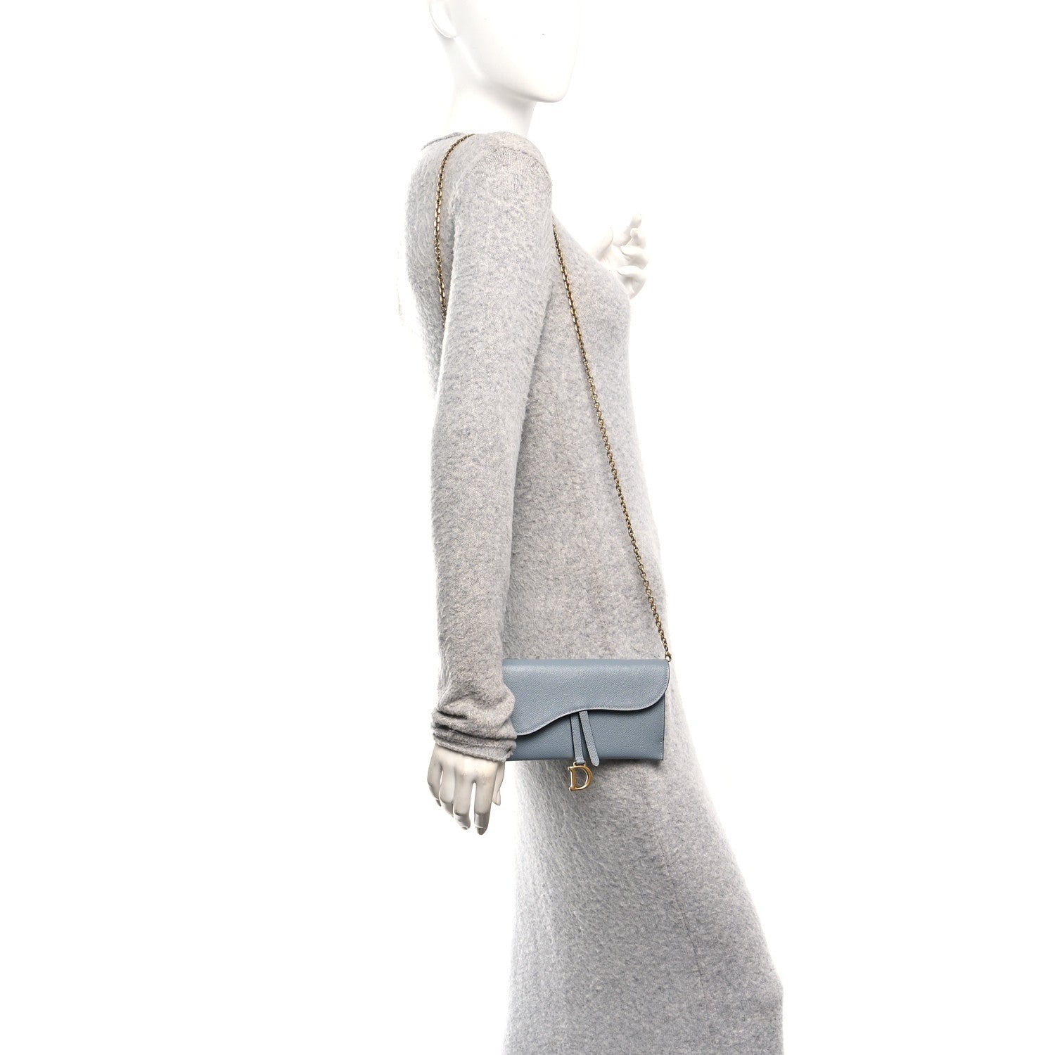 Christian Dior Grained Calfskin Saddle Chain Wallet Pouch Cloud Blue 2 of 13