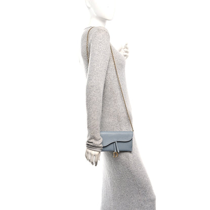 Christian Dior Grained Calfskin Saddle Chain Wallet Pouch Cloud Blue 2 of 13