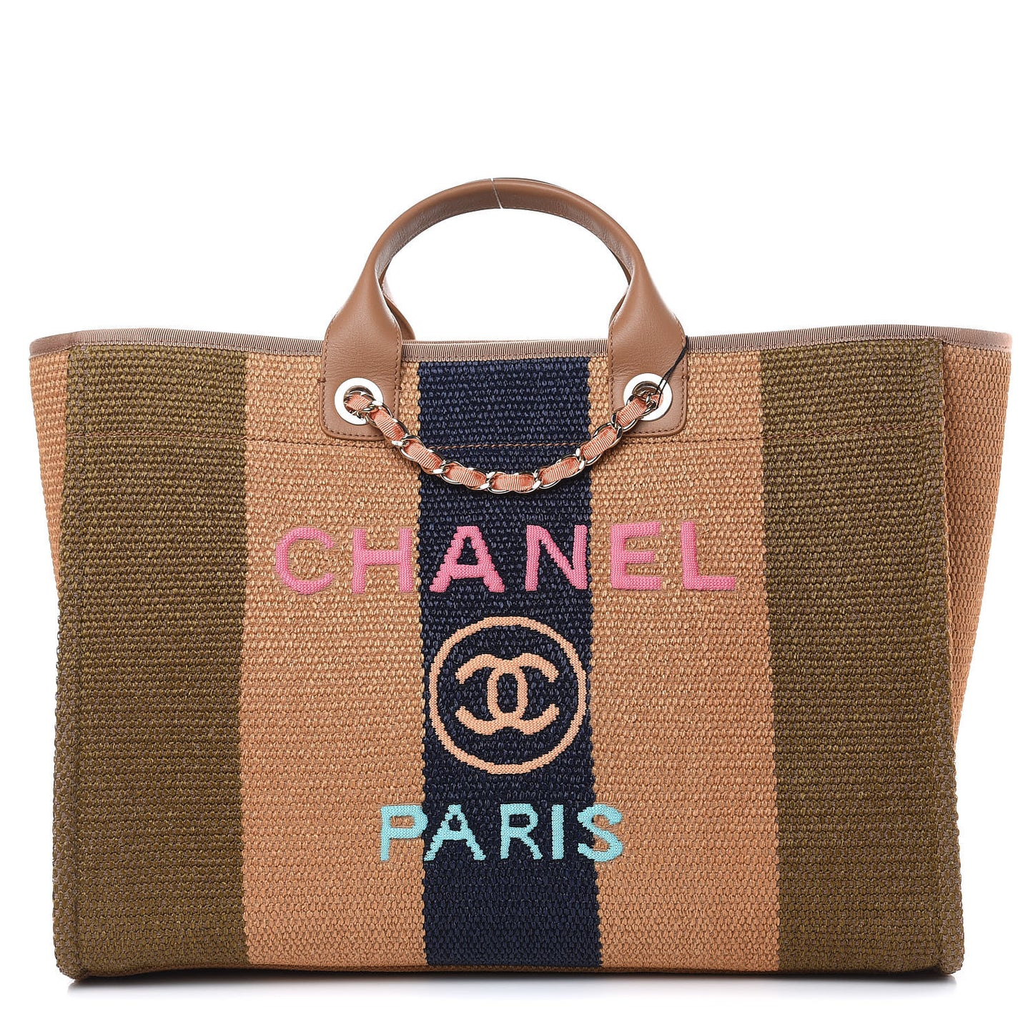 Straw Raffia Calfskin Striped Large Deauville Tote Khaki Beige Navy Blue