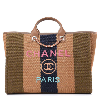 Chanel Straw Raffia Calfskin Striped Large Deauville Tote Khaki Beige Navy Blue 1 of 9