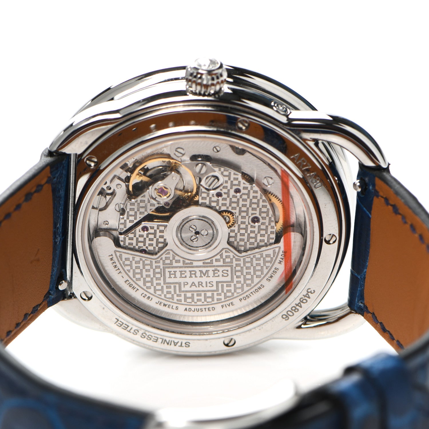 Hermes Stainless Steel Alligator Diamond Blue Sapphire Mother of Pearl 38mm Arceau Petite Lune Automatic Watch Bleu Saphir 4 of 5