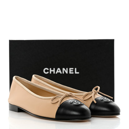 Chanel Lambskin Cap Toe CC Ballerina Flats 38 Beige Black 9 of 9