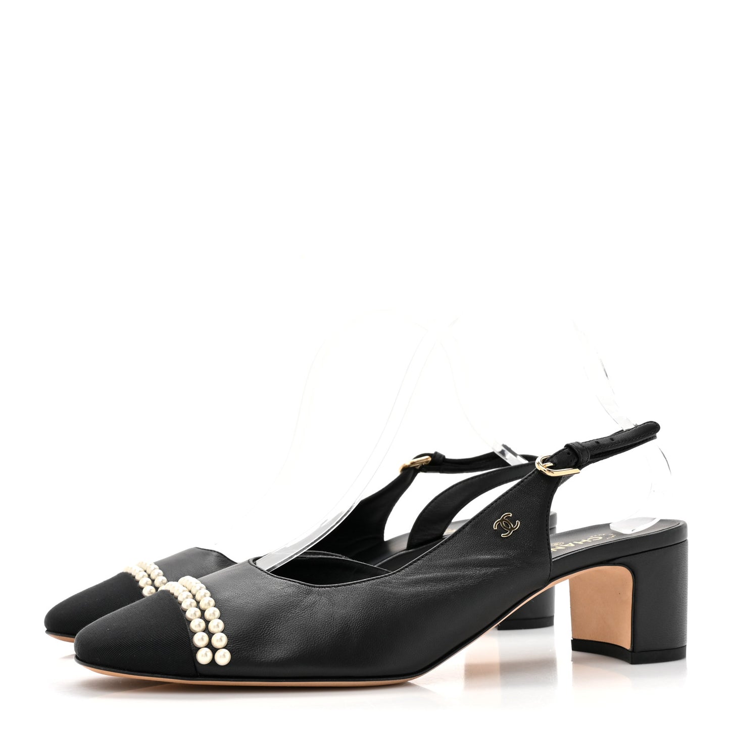 Lambskin Grosgrain Pearl Cap Toe CC Slingback Pumps 41 Black