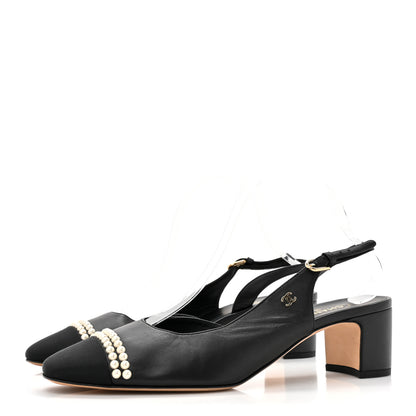 Chanel Lambskin Grosgrain Pearl Cap Toe CC Slingback Pumps 41 Black 3 of 11