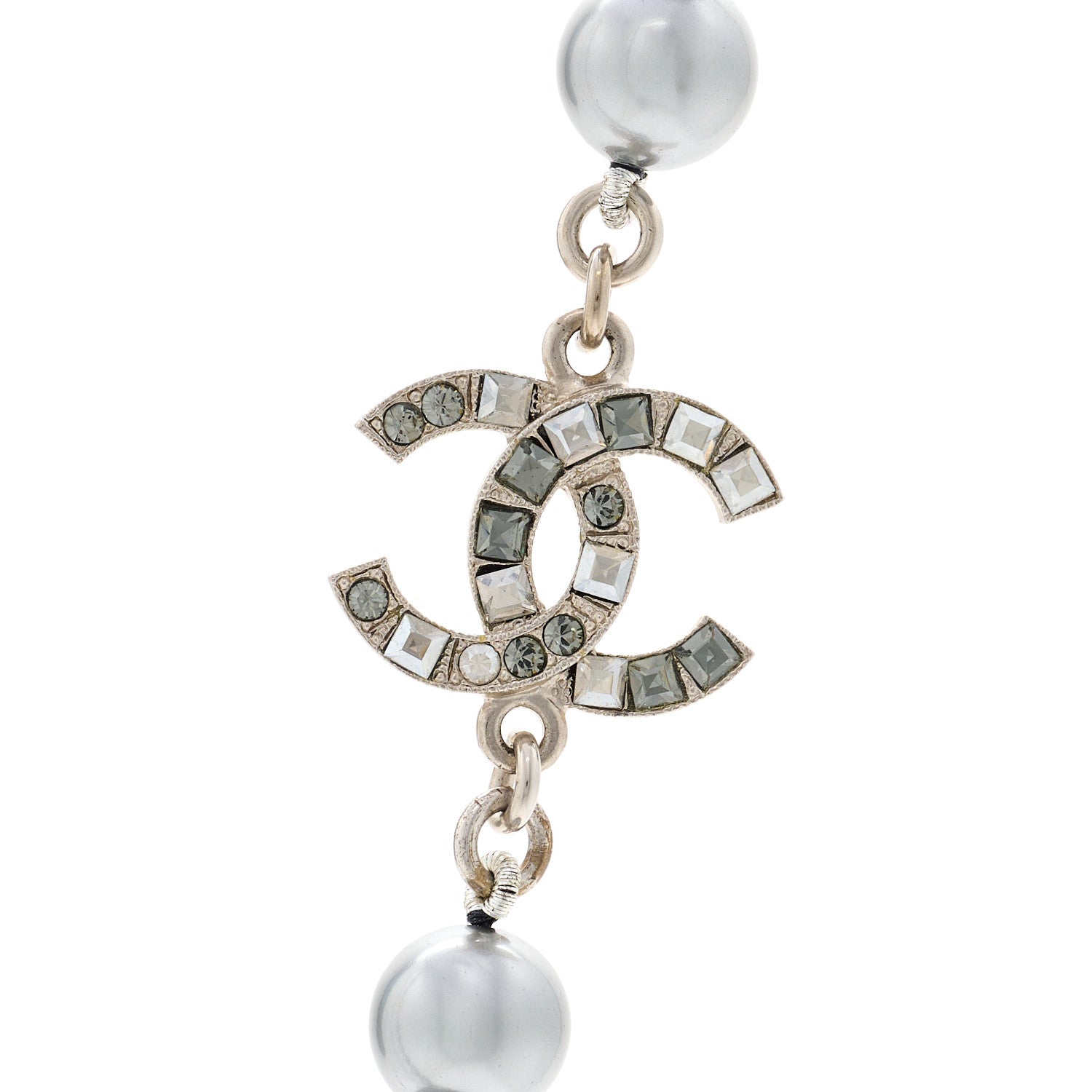 Chanel Crystal Baguette Graduated Pearl CC Short Necklace Silver