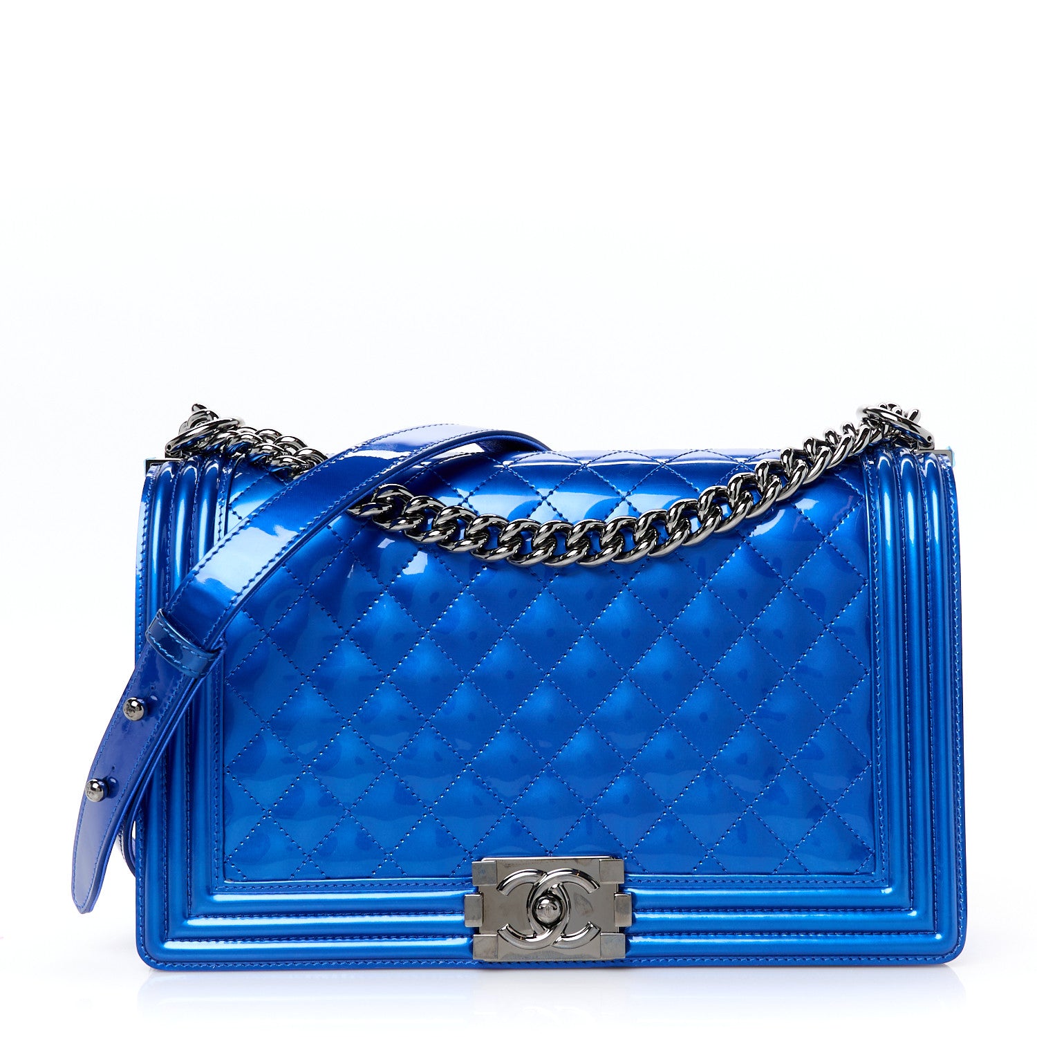 Chanel Metallic Patent Quilted New Medium Boy Flap Blue 1 of 10
