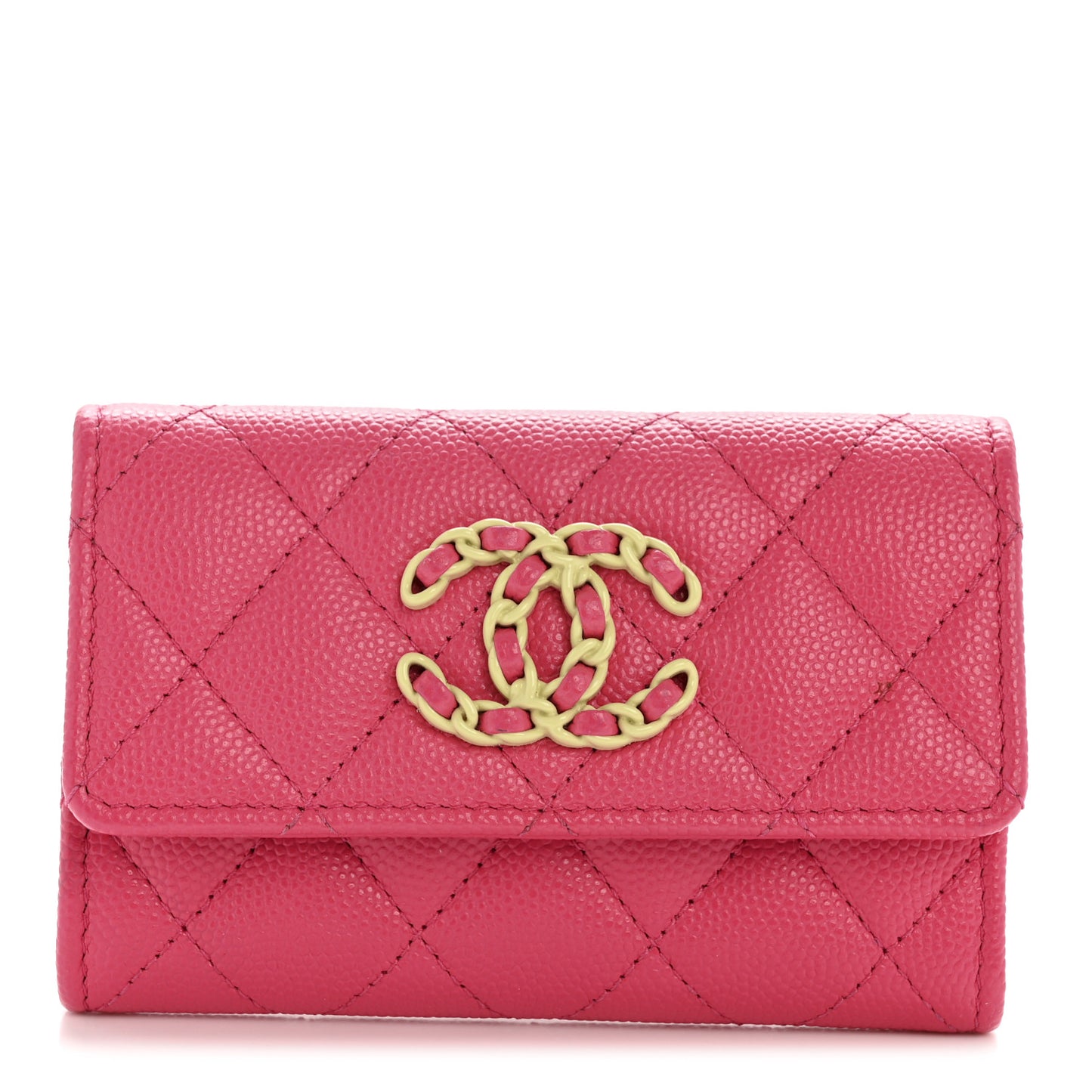 Caviar Quilted Chanel 19 Flap Card Holder Wallet Dark Pink