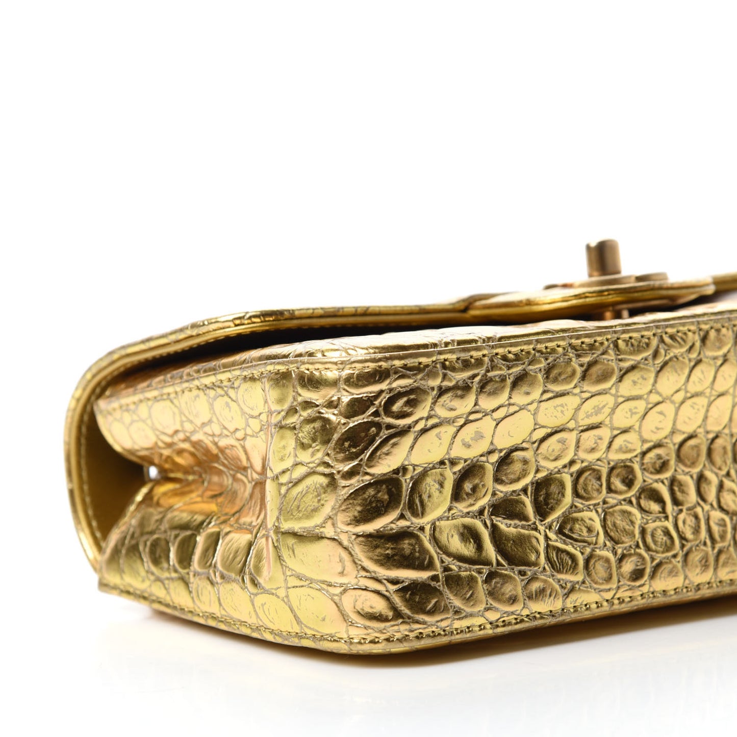 Metallic Calfskin Crocodile Embossed Cocodile Rectangular Mini Flap Gold