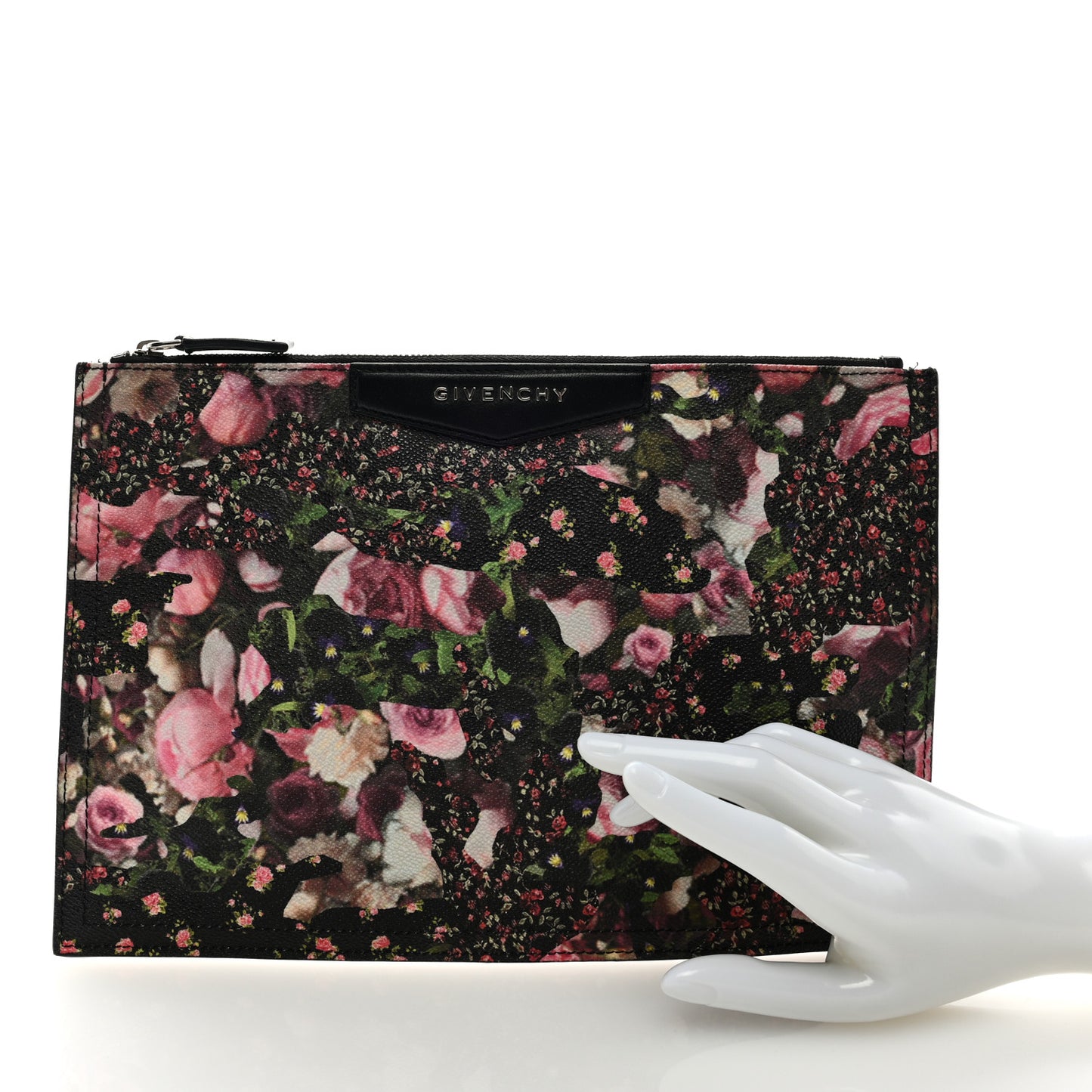 Coated Canvas Roses Camouflage Print Medium Antigona Zip Pouch Black