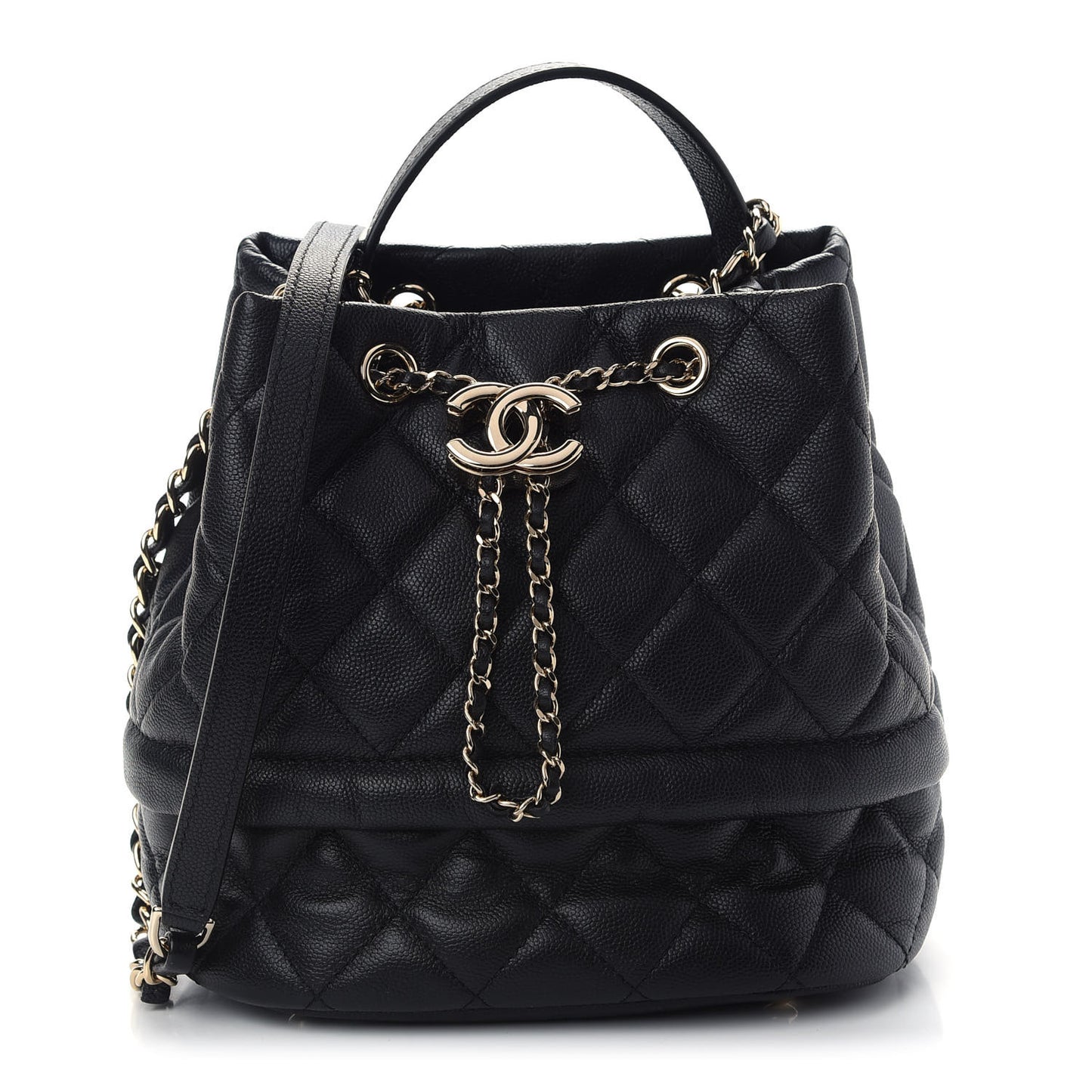 Caviar Quilted Rolled Up Bucket Drawstring Bag Black