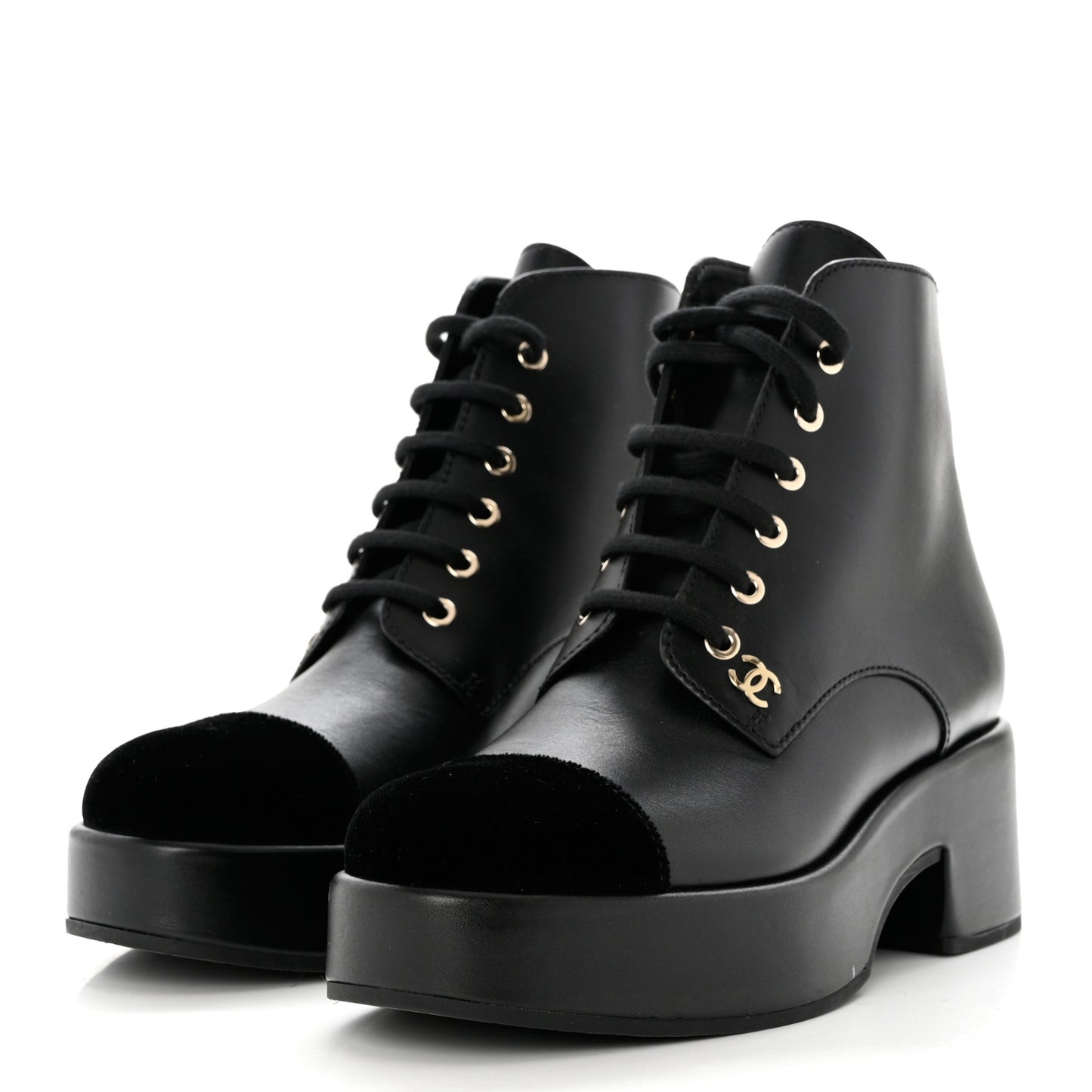 Calfskin Velvet CC Cap Toe Boots 38 Black
