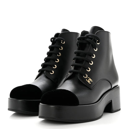 Chanel Calfskin Velvet CC Cap Toe Boots 38 Black 3 of 10