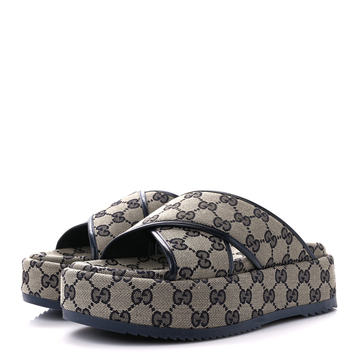 Gucci Monogram Criss Cross Platform Slide Sandals 37 Beige Blue 3 of 10