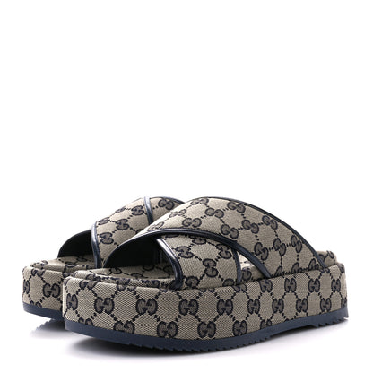 Gucci Monogram Criss Cross Platform Slide Sandals 37 Beige Blue 3 of 10