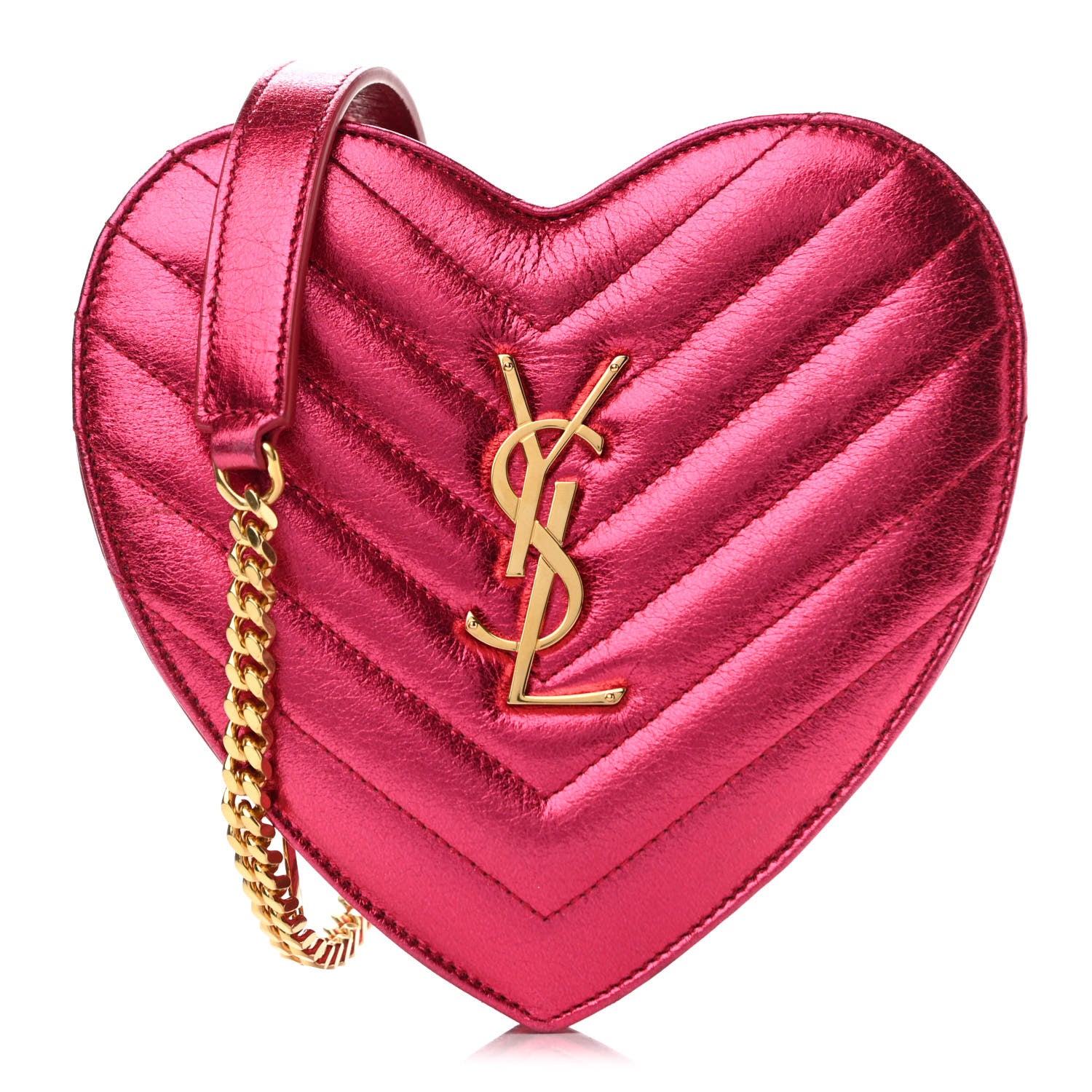 Saint Laurent Metallic Calfskin Matelasse Chevron Monogram Small Love Heart Chain Bag Red 1 of 14