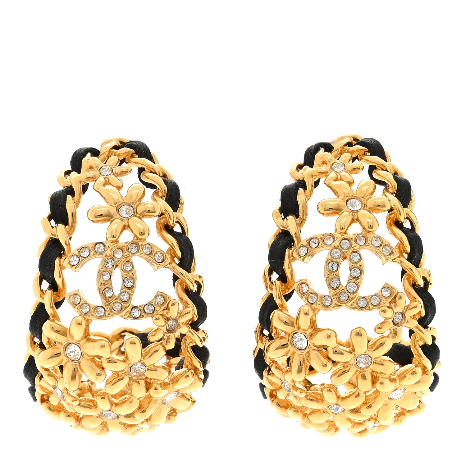 Chanel Lambskin Crystal Flower Chain CC Hoop Earrings Gold Black 1 of 4