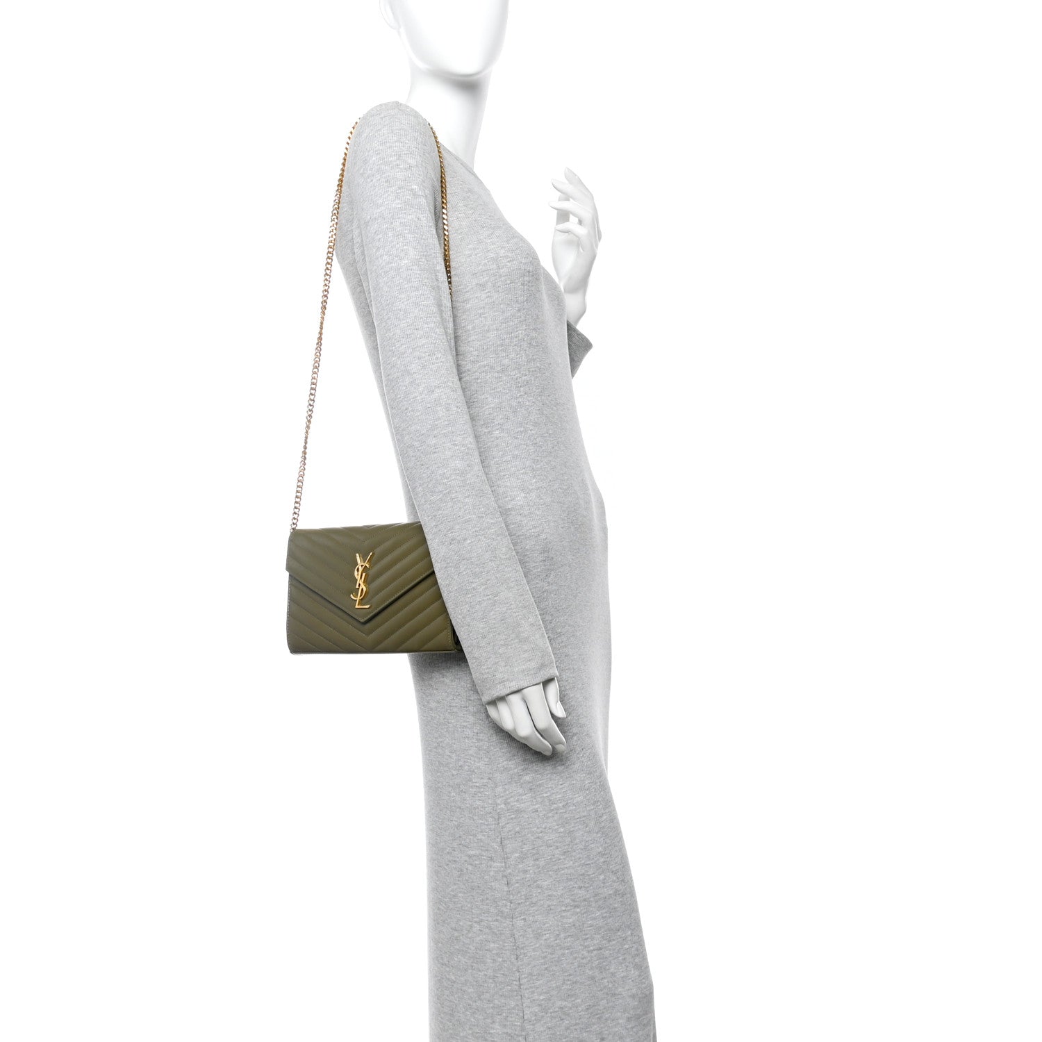 Saint Laurent Grain De Poudre Matelasse Chevron Monogram Chain Wallet Vert Kaki 2 of 9