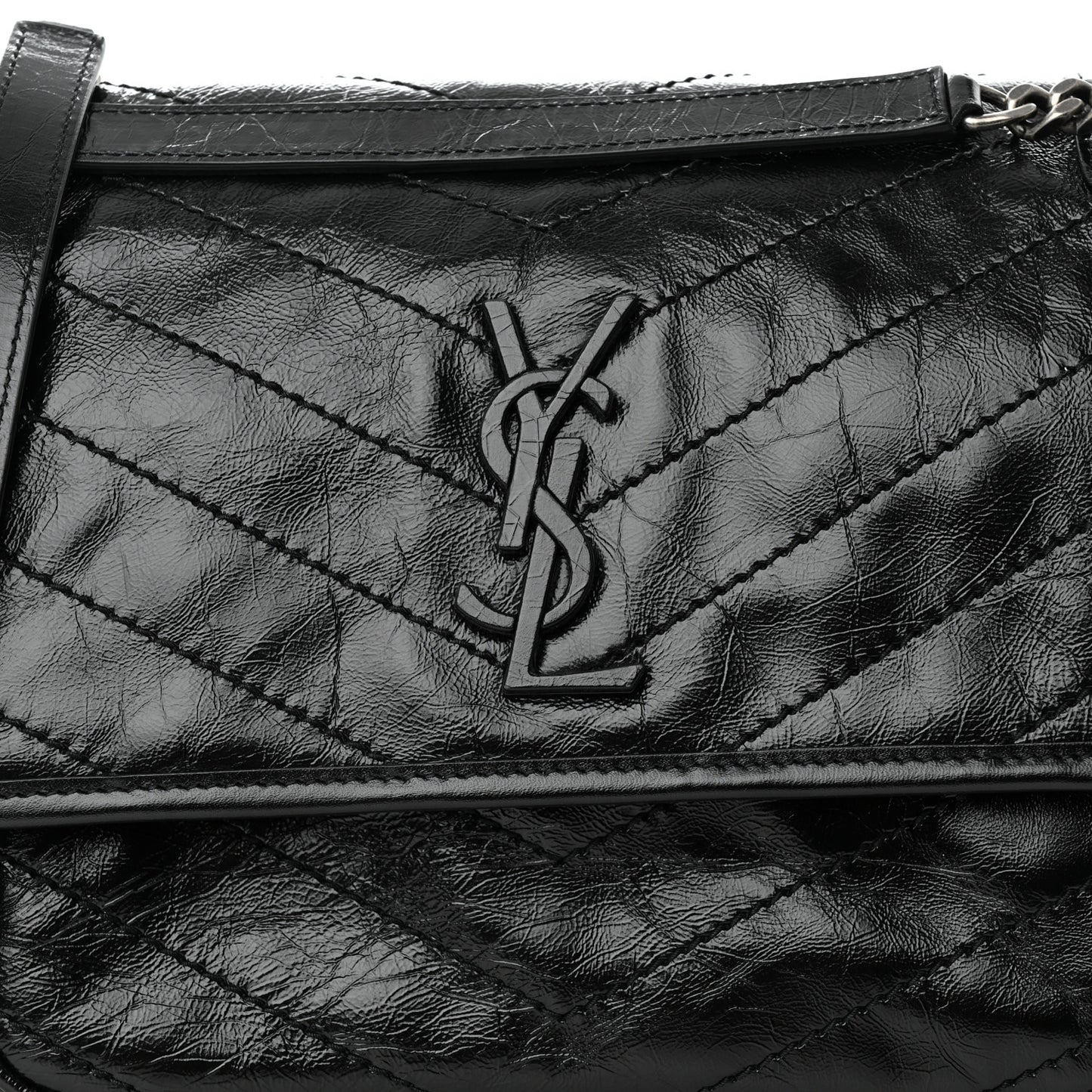 Crinkled Calfskin Matelasse Monogram Medium Niki Chain Satchel Black