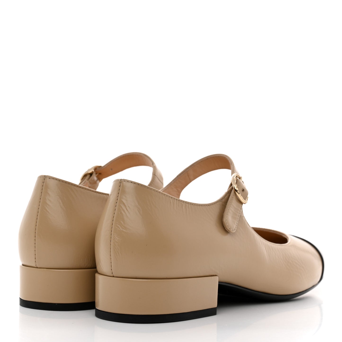 Shiny Calfskin Cap Toe Mary Jane Low Heel Strap Pumps 37 Beige Black