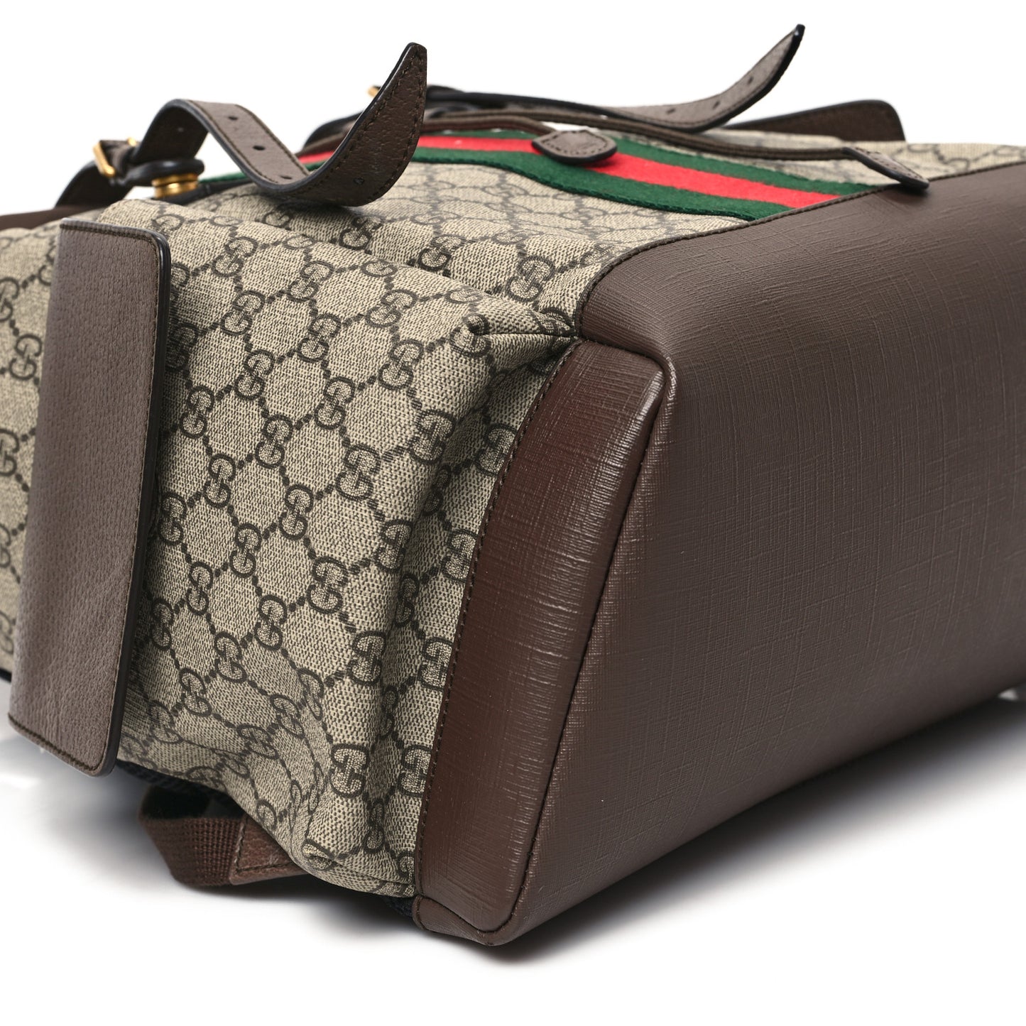 GG Supreme Monogram Medium Ophidia Double Buckle Backpack Brown