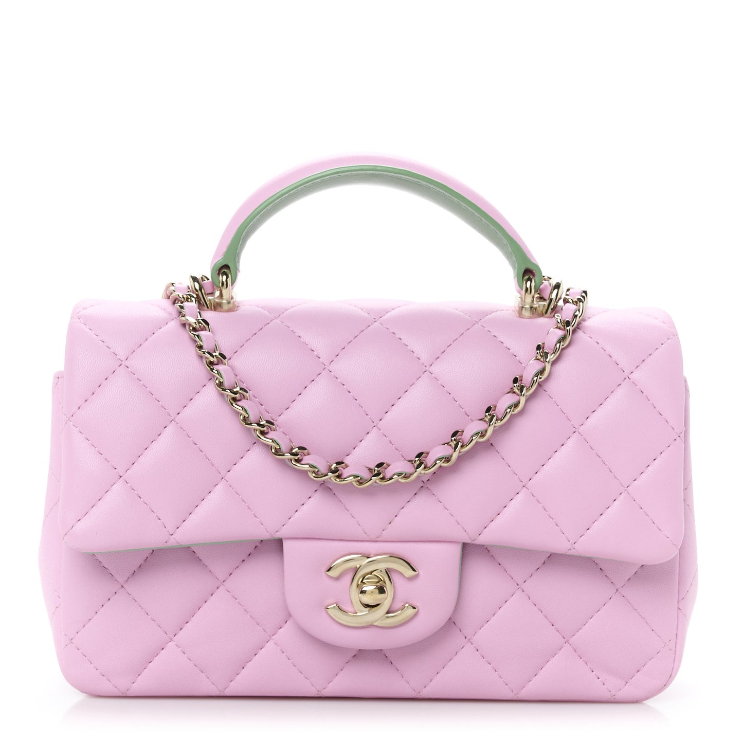Lambskin Quilted Bi-Color Mini Top Handle Rectangular Flap Light Lilac Light Green