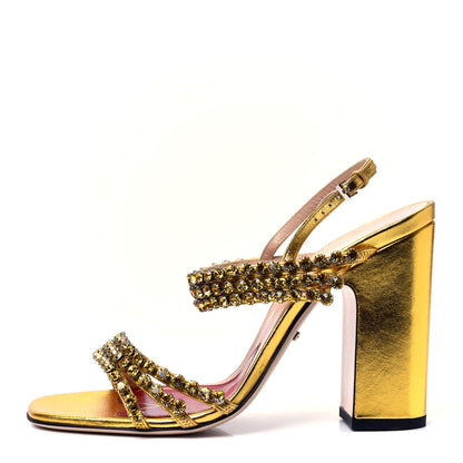 Gucci Nappa Silk Crystal Bertie High Heel Sandals 38.5 Gold 1 of 11