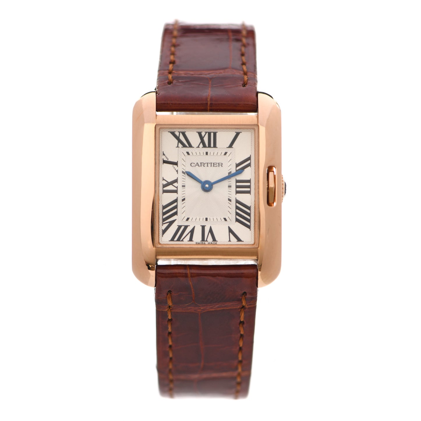 18K Pink Gold Alligator 22mm Tank Anglaise Quartz Watch Brown