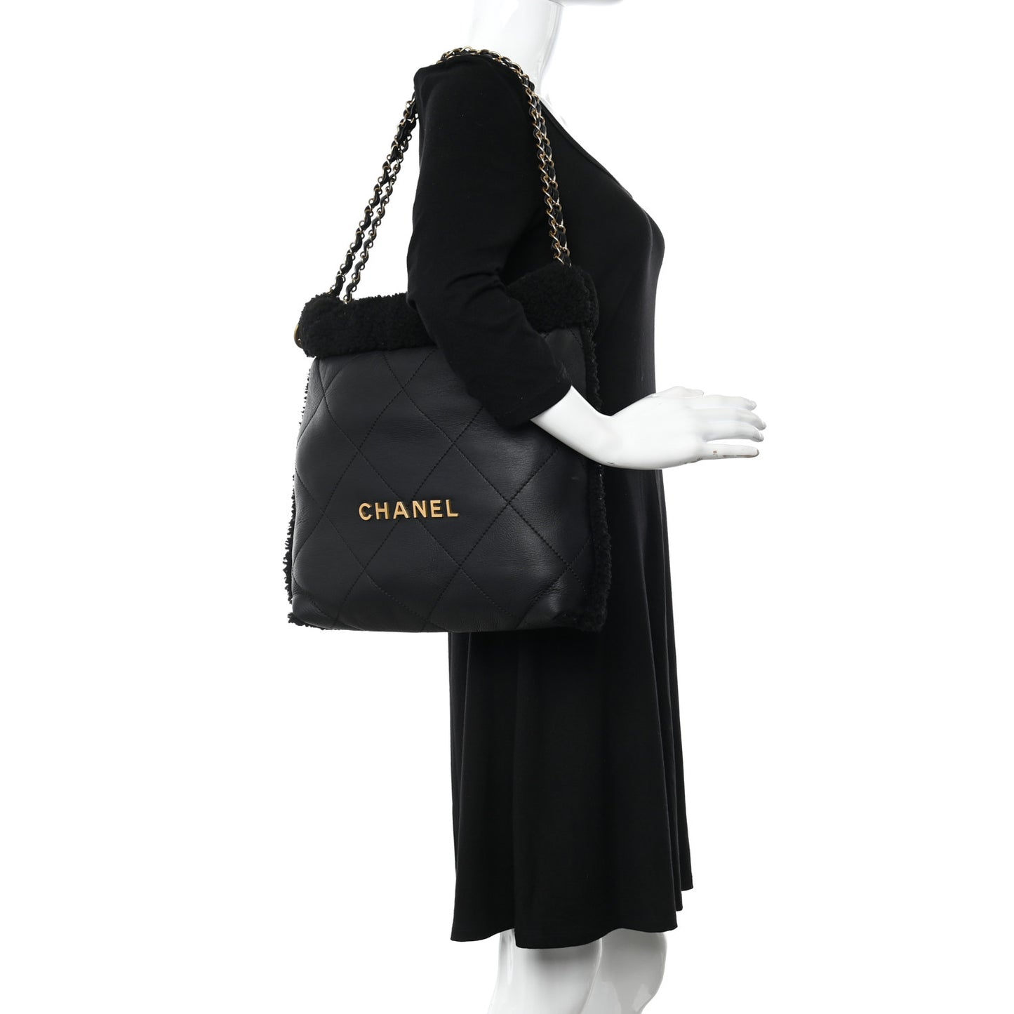 Aged Lambskin Shearling Quilted Small Chanel 22 Black