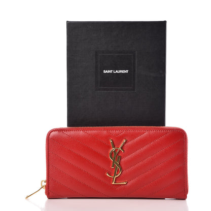 Saint Laurent Grain De Poudre Matelasse Chevron Monogram Zip Around Wallet Red 8 of 8