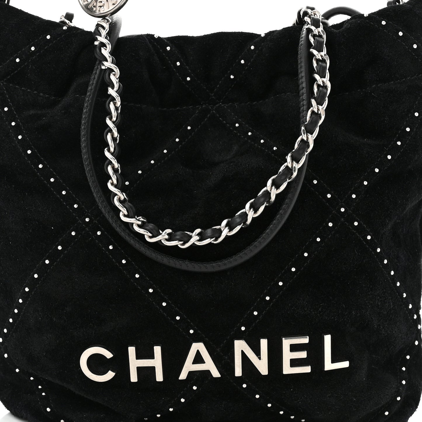 Suede Stitched Quilted Studded Mini Chanel 22 Black