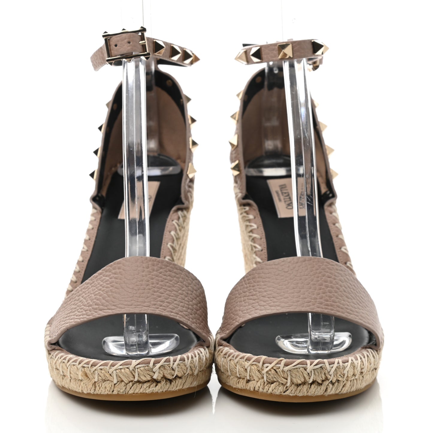 Grained Calfskin Rockstud Ankle Strap Espadrille 15/105mm Wedge Sandals 39 Poudre Natural