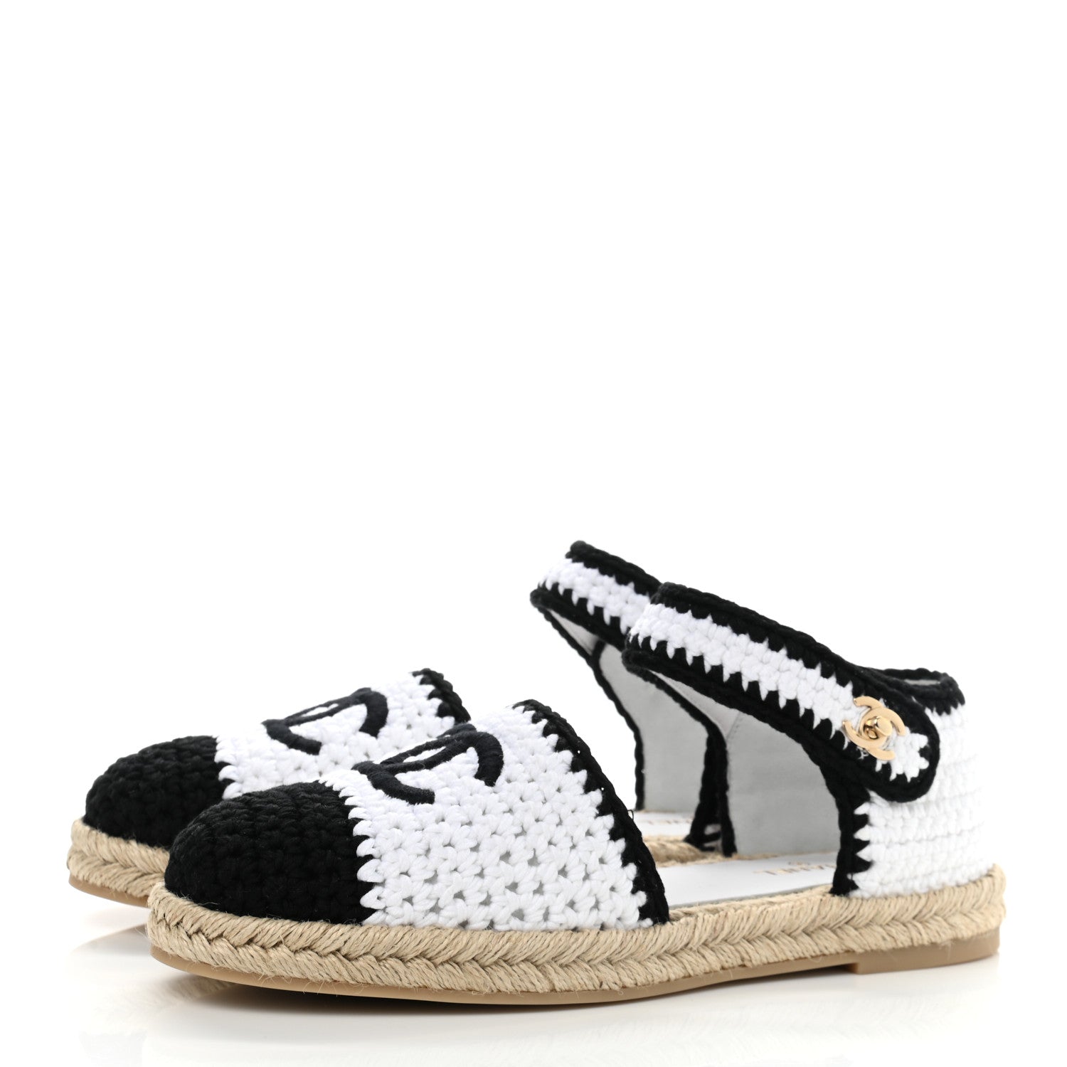 Chanel Braided Knit Cap Toe CC Ankle Strap Espadrilles 40 White Black 3 of 9